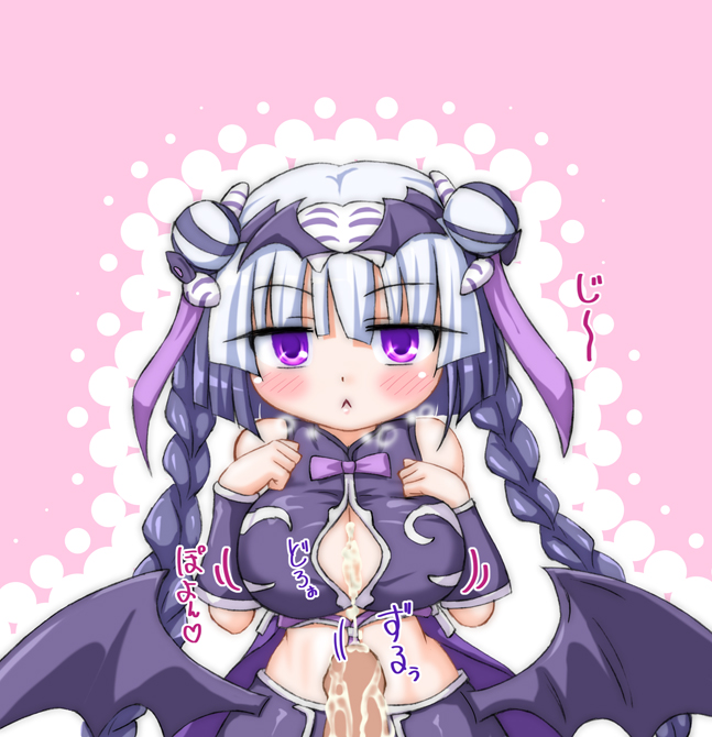 :< blush bow braid female frown haku_(p&d) huge_breasts inasaki_shirau multicolored_hair purple_hair puzzle_&_dragons twin_braids wings