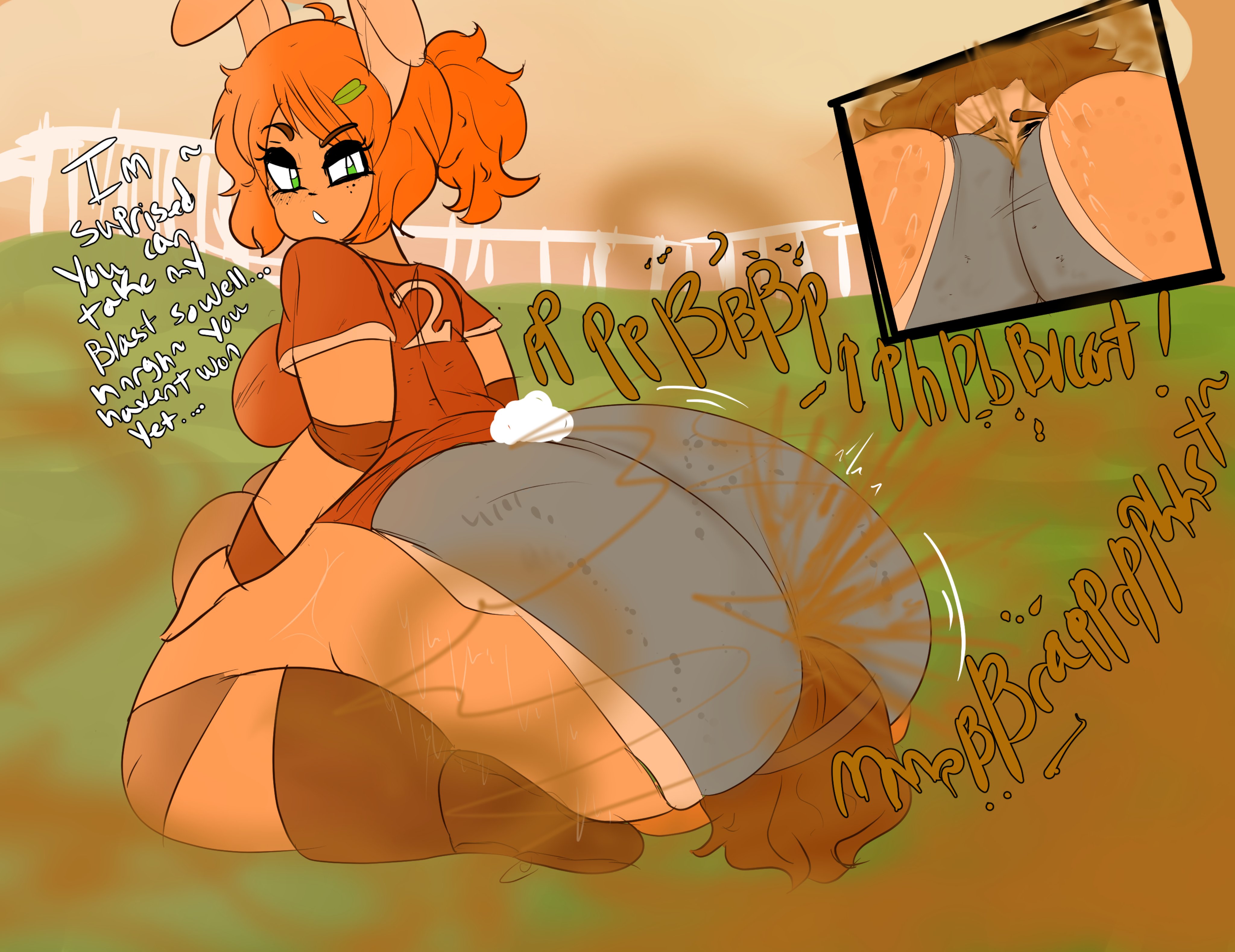 1boy, 1girls, ass, ass on face, big ass, big butt, bunny ears, bunny girl, bunny tail, facesitting, fart, fart cloud, fart fetish, farting, farting in face, female, green eyes, jersey, looking back, male, melissaalli, nezu (melissaalli), oc, orange hair, ponytail, sweat, text, thick thighs
