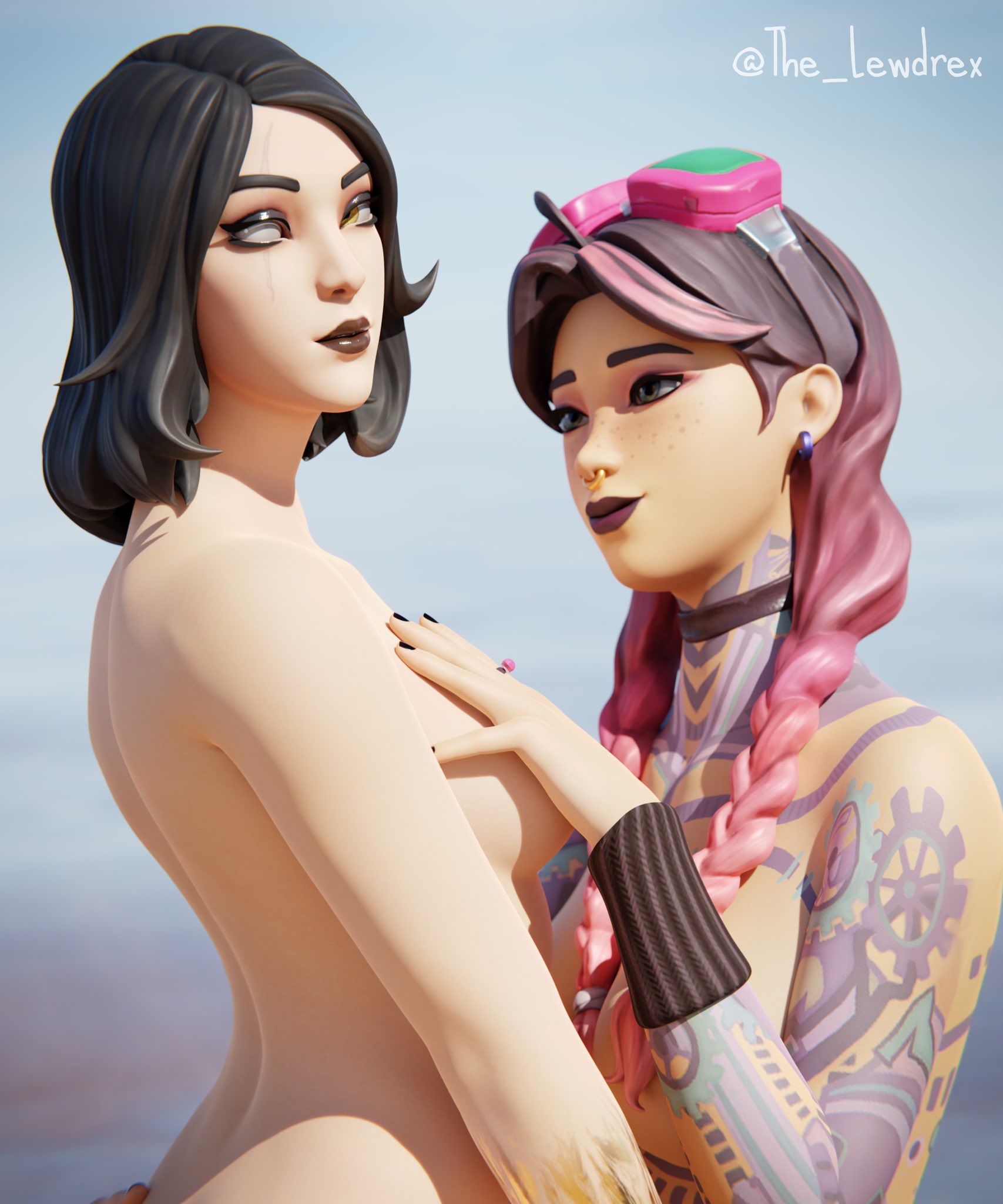 2girls, 3d, beach jules, black hair, black nails, blender, breasts, closeup, duo, eyewear on head, female, female only, fingernails, fortnite, freckles, goggles, goggles on head, hand on breast, jules (fortnite), lewdrex, light skin, light-skinned female, looking at partner, looking at viewer, marigold (fortnite), medium breasts, nail polish, nose piercing, nude, nude female, pink hair, scar, tattoo, tattoos everywhere, watermark, yuri