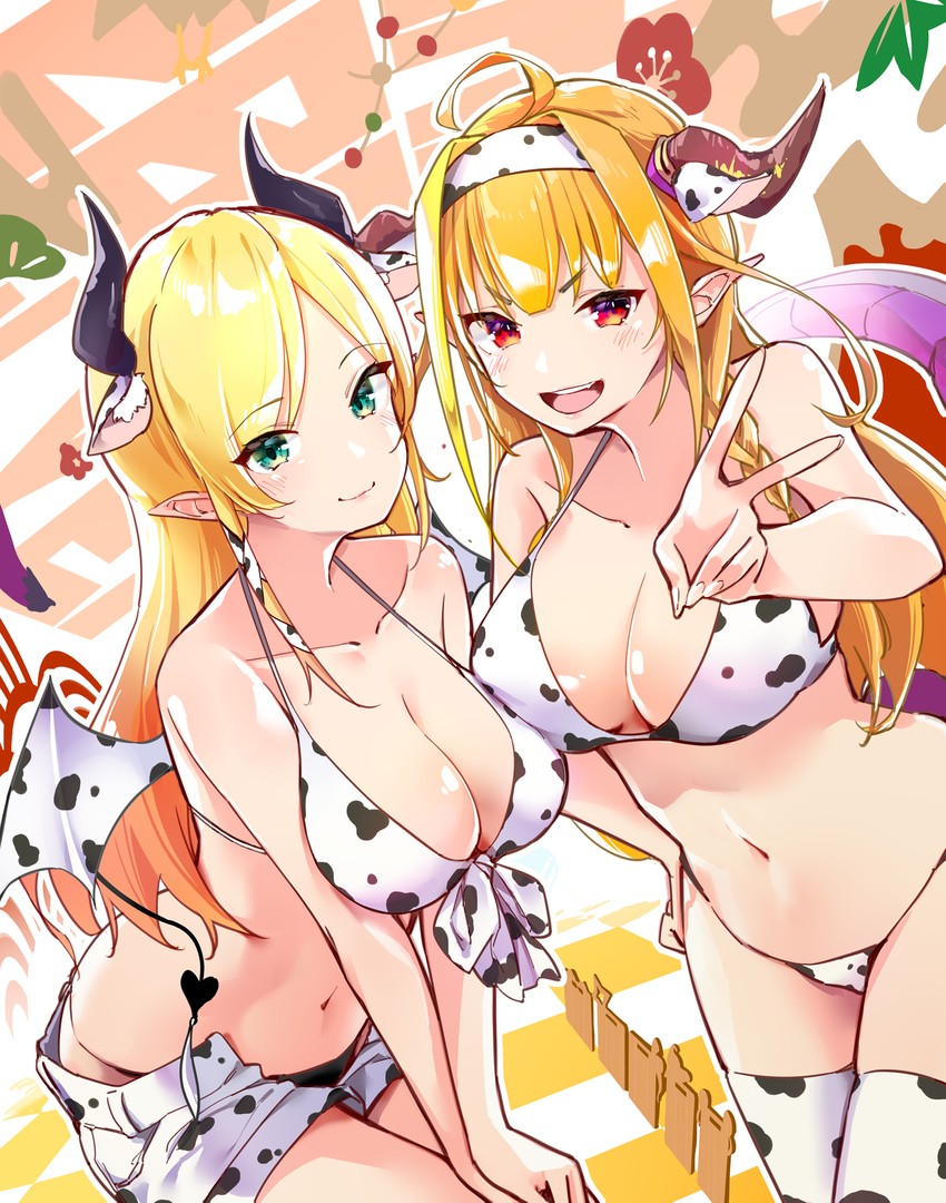 2girls bikini cleavage cow_print cow_print_bikini female female_only front-tie_bikini front-tie_top holoforce hololive hololive_gen_2 hololive_japan kiryu_coco navel panties_under_shorts short_shorts shorts succubus virtual_youtuber yuyaiyaui yuzuki_choco