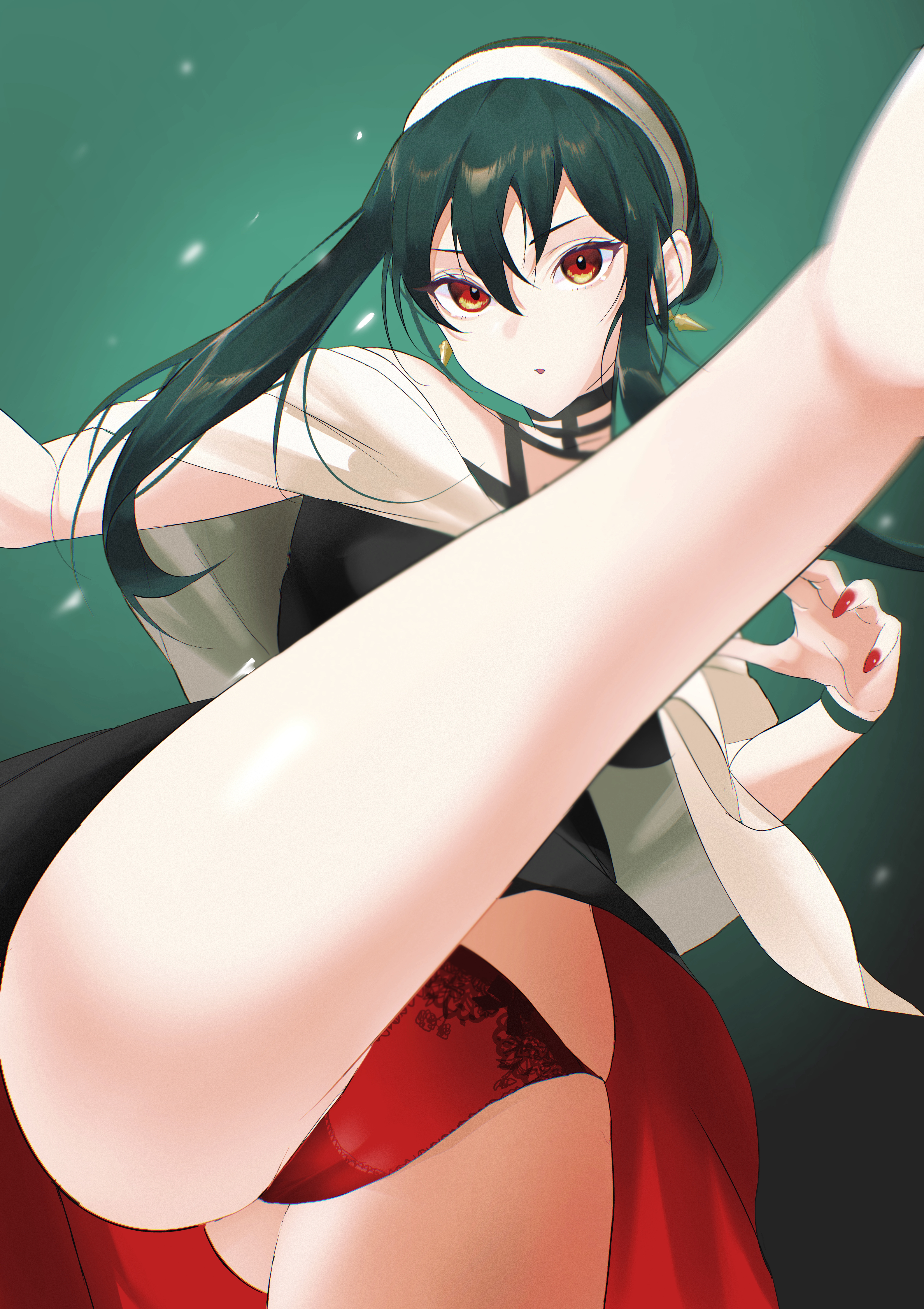 action pose, amazing0923n, ass, assassin, black hair, bow panties, cameltoe, dress, earrings, female, hairband, kicking, looking at viewer, minidress, one leg up, painted nails, panties, pussy, red eyes, red panties, spy x family, tagme, thighs, thorn princess, upskirt, yor briar