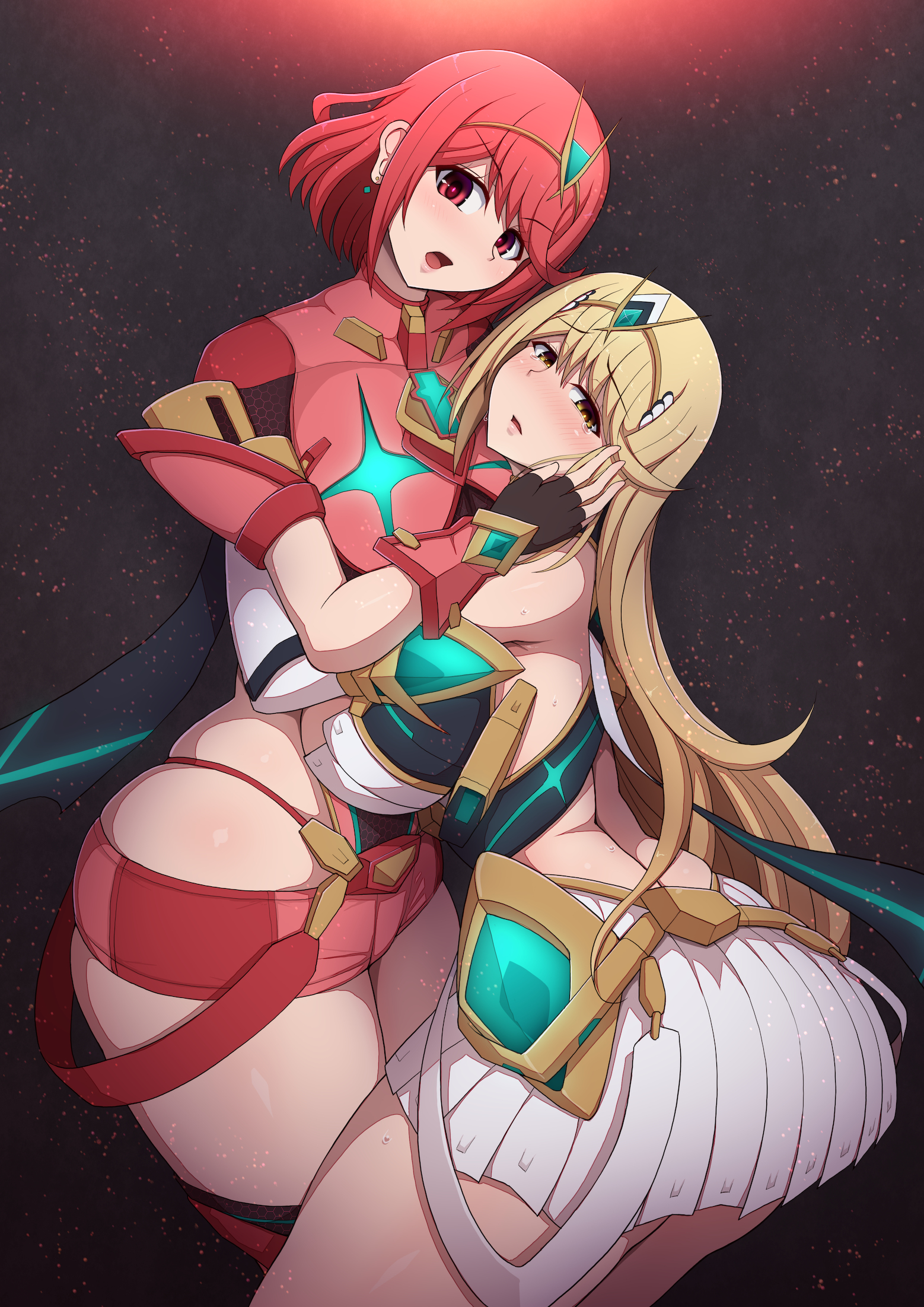 2022, 2girls, ass, bangs, blonde hair, breasts, clothed, clothed female, core crystal, female, female only, gold eyes, hair ornament, hi res, hips, huge breasts, large ass, long hair, mythra, nintendo, ponpo, pyra, red clothing, red eyes, red hair, short hair, simple background, slim waist, swept bangs, thick thighs, thighs, tiara, white clothing, wide hips, xenoblade (series), xenoblade chronicles 2, yuri
