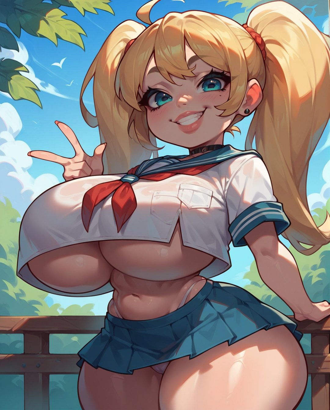 1girls, ai generated, big breasts, breasts, female, female only, hourglass figure, original, rocksolidart, school uniform, solo, solo female, twintails, underboob, uniform, wide hips
