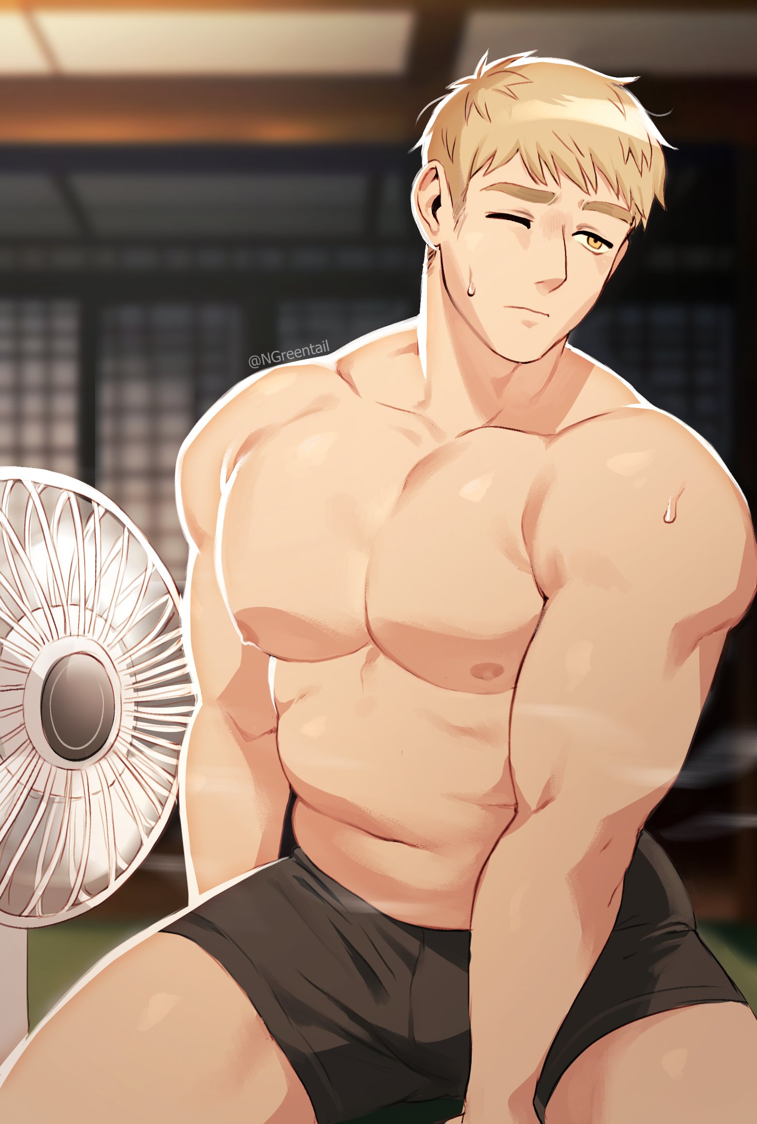 1boy, architecture, artist name, bara, belly, biceps, black male underwear, blonde hair, blurry, blurry background, boxer briefs, boxers (clothing), breasts, brown eyes, closed mouth, dungeon meshi, east asian architecture, electric fan, fan, hi res, highres, indoors, laios touden, large pectorals, male, male focus, male only, male underwear, mature male, muscular, muscular chest, muscular male, navel, ngreentail, nipples, no pants, no visible genitalia, one eye closed, pecs, pectorals, plump, short hair, signature, solo, solo male, spiked hair, sweat, sweatdrop, thick, thick arms, thick eyebrows, topless male, twitter username, underwear, underwear only, yaoi, yellow eyes