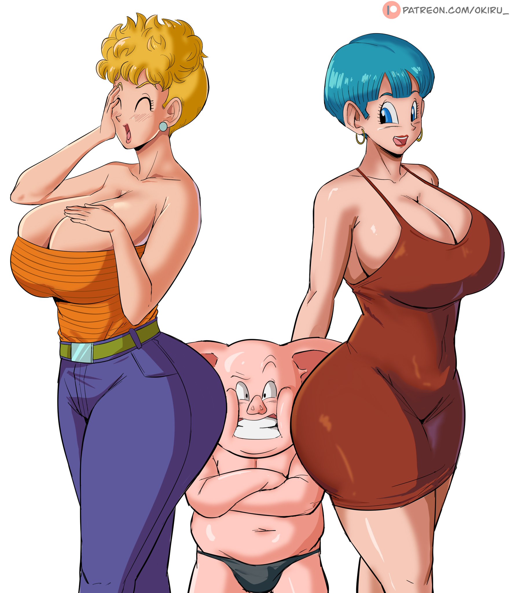 1animal, 2girls, ass, big ass, big breasts, blonde hair, blue hair, breasts, bulma, bulma (dragon ball), bulma briefs, dragon ball, female, interspecies, larger female, male, mature female, milf, mother and daughter, older female, oolong, oyakodon, panarandom, panchy, panchy (dragon ball), panchy briefs, red dress, short hair, size difference, smaller male, taller female, thick thighs, zoophilia