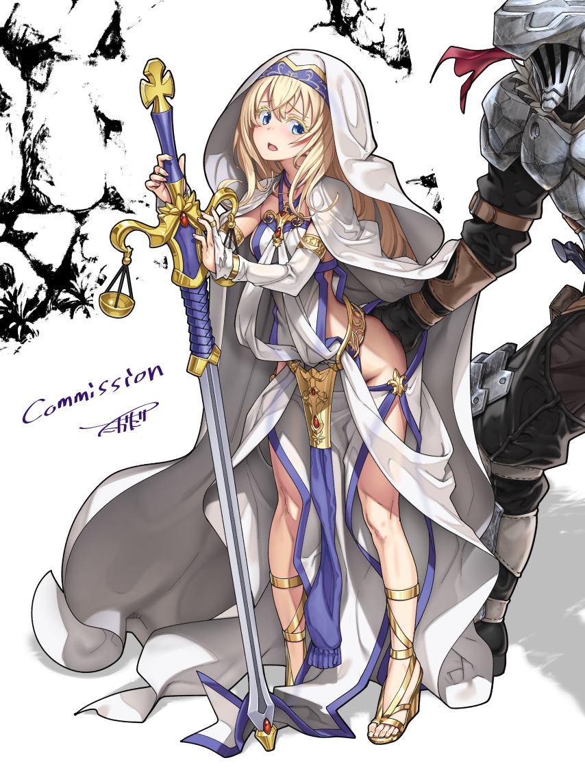 1boy 1girls armor bangs black_gloves blonde_hair blue_eyes blue_hairband blush bridal_gauntlets closed_mouth commentary_request dress faceless_male female fingering full_body gloves goblin_slayer goblin_slayer_(goblin_slayer) hairband helmet highres holding holding_staff legs long_hair male outfit_swap priestess_(goblin_slayer) simple_background staff standing straight sweatdrop sword_maiden_(cosplay) uno_ryoku veil white_background white_dress white_veil