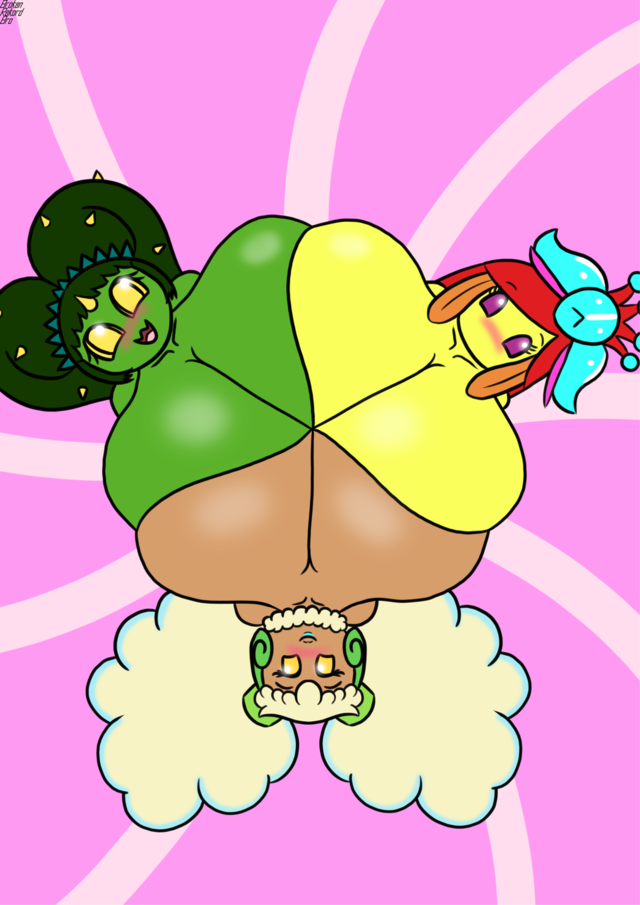 3girls anthro blush brokenrekordbro flora_fauna huge_breasts lilligant maractus multiple_girls open_mouth pokémon_(species) pokemon symmetrical_docking tagme whimsicott