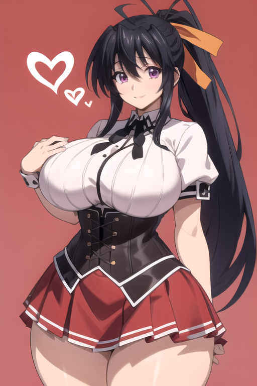 1girls ai_generated akeno_himejima big_ass black_hair corset daidouji_(artist) female female_only gigantic_breasts hair_ribbon high_school_dxd long_hair looking_at_viewer ponytail purple_eyes ribbon school_uniform shirt simple_background skirt smile solo solo_female wide_hips