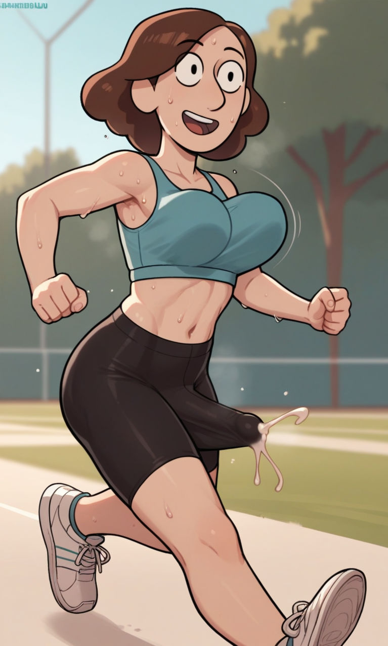 ai generated, bike shorts, bra, brown hair, bulge, bulge through clothing, cum, cum through clothes, cumdrip, ejaculation, erection, erection under clothes, futa only, futanari, hilda (series), intersex, johanna (hilda), musk clouds, navel, open mouth, outdoors, running, sneakers, solo, solo futa, sports bra, sweat, teeth