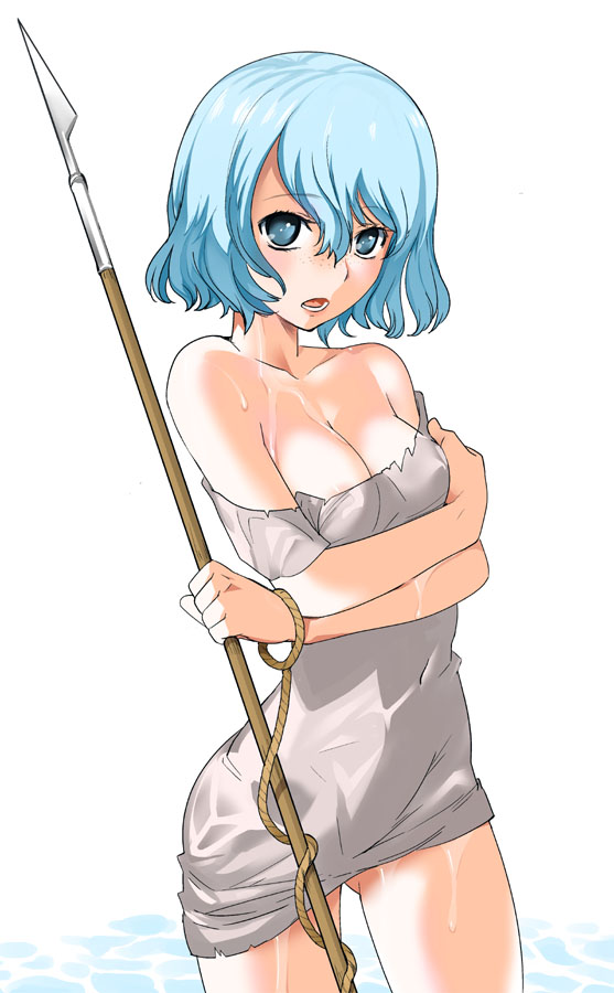 1girls bare_shoulders berserk blue_eyes blue_hair blush bob_cut body_blush breast_hold breasts collarbone crossed_arms dress dripping embarrassed female freckles harpoon humanoid isma light-skinned_female light_skin looking_at_viewer mermaid nipple_slip nipples off_shoulder open_mouth polearm robina rope shiny_skin short_hair shy simple_background solo spear standing thighs water weapon wet_clothes white_background