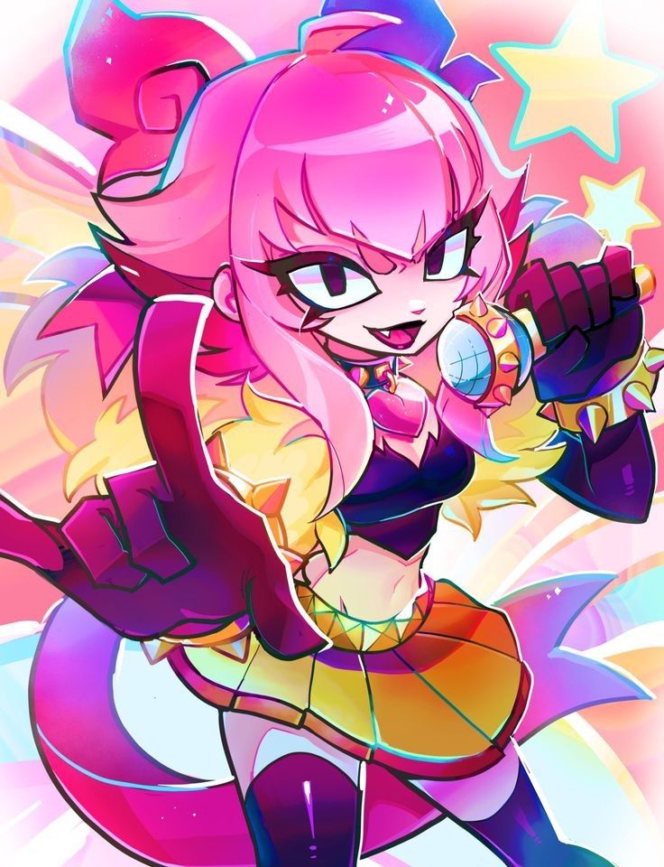 brawl stars, female, female only, melodie (brawl stars), microphone, pink hair, skirt, solo, solo female, spiked collar, stars, tagme