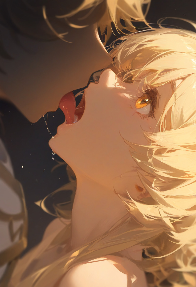 1boy, 1girls, aether (genshin impact), ai generated, brother and sister, female, french kiss, french kissing, genshin impact, horny female, incest, incest (lore), kissing, lumine (genshin impact), male, mihoyo, pleasure face, saliva trail, tongue
