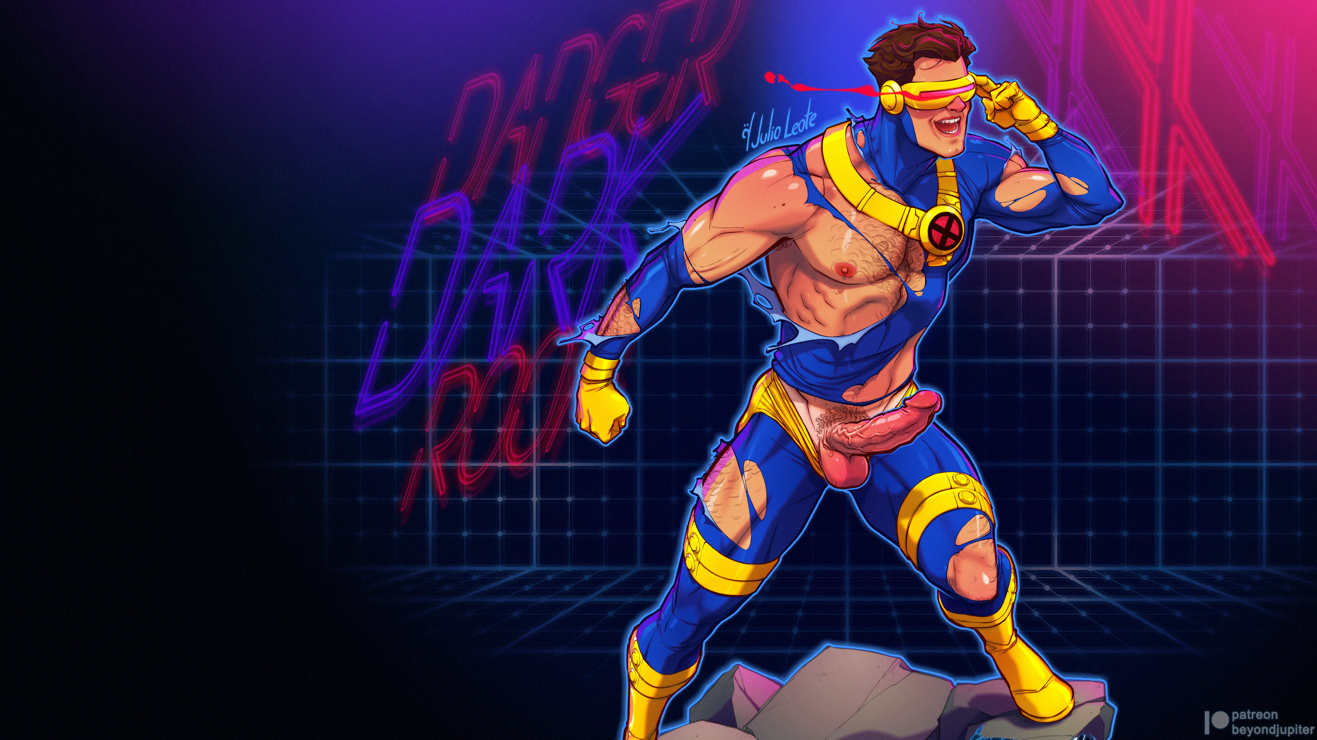 1boy, balls, bara, big balls, big penis, bulge, clothing, cyclops (x-men), erection, gay, gay male, hairy chest, julio leote, male, male nipples, male only, male pubic hair, marvel, marvel comics, muscular, muscular male, nipples, penis, pubic hair, ripped clothing, scott summers, solo, tight clothing, x-men, yaoi