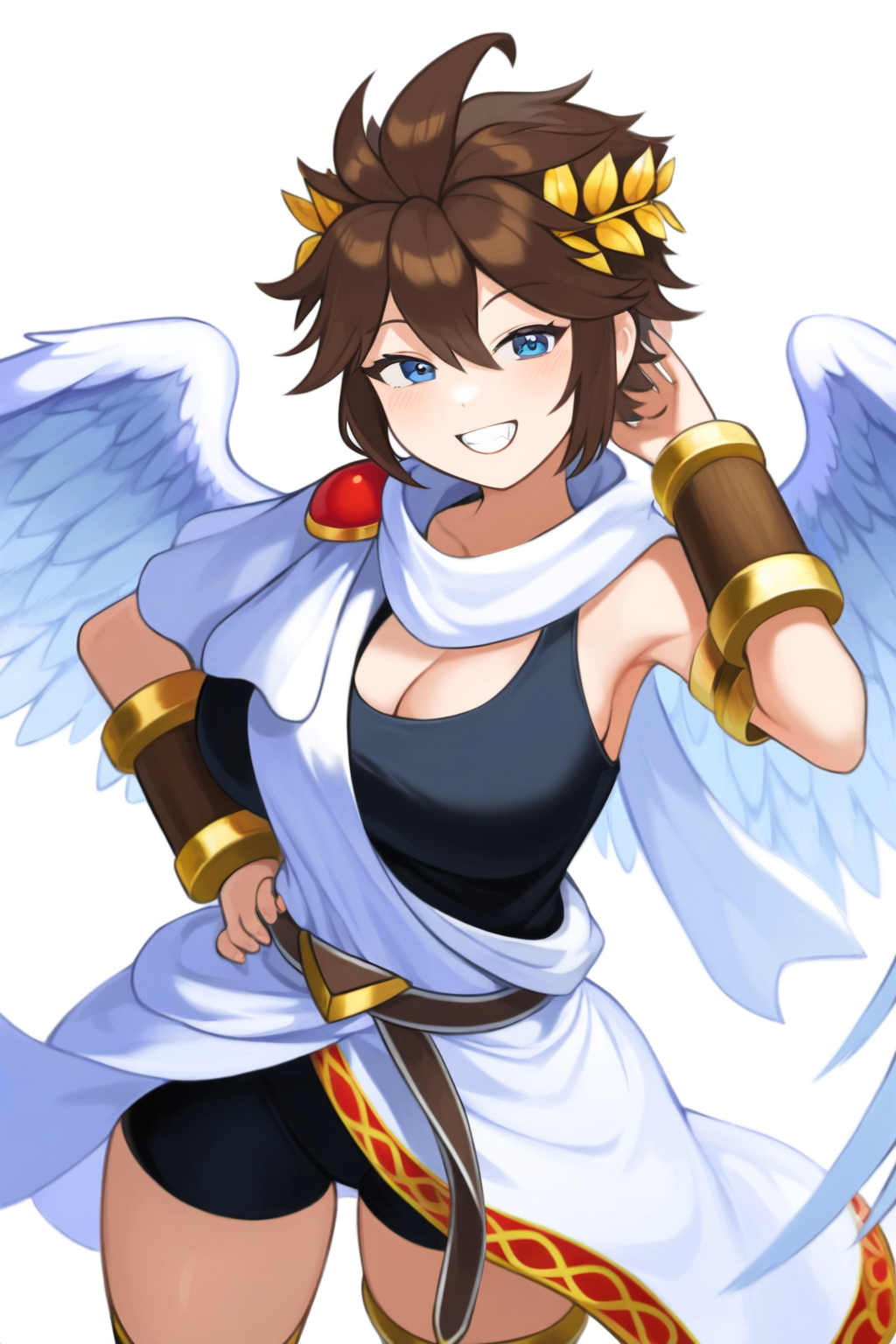 1girls ai_generated angel angel_wings blue_eyes brown_hair genderswap genderswap_(mtf) grin hand_in_hair hand_on_hip kid_icarus large_breasts laurel_crown nintendo pit_(kid_icarus) solo spiked_hair