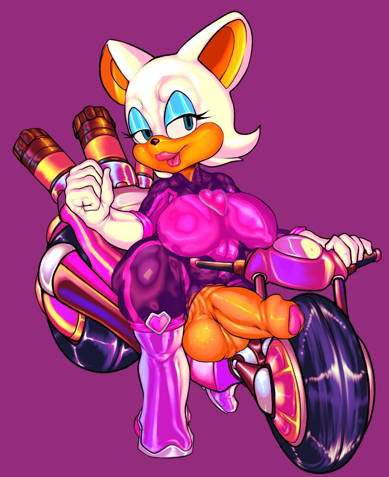 anthro balls biker blue_eyes boots breasts clothing crotchless_bottomwear crotchless_clothing eyeliner footwear foreskin furry futanari genitals gloves handwear hi_res intersex lipstick makeup motorcycle netflix nipple_outline penis rouge_the_bat rouge_the_bat_(prime) sega simple_background smile solo sonic_(series) sonic_prime sonic_riders sunk00_(artist) tight_clothing torn_clothing vehicle