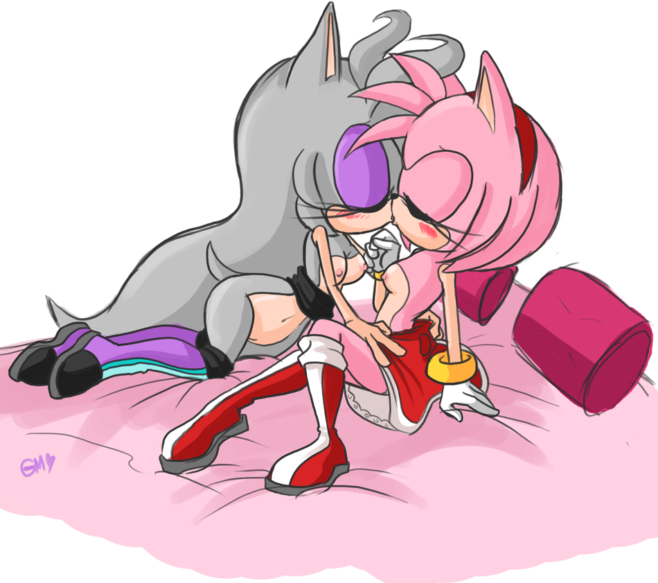 amy_rose blush bottomless breasts female greymelon kissing mobian_(species) multiple_girls nipples original_character pussy sega sonic_(series) sonic_fan_characters sonic_oc sonic_team sonic_the_hedgehog_(series) topless upskirt venus_the_hedgehog yuri