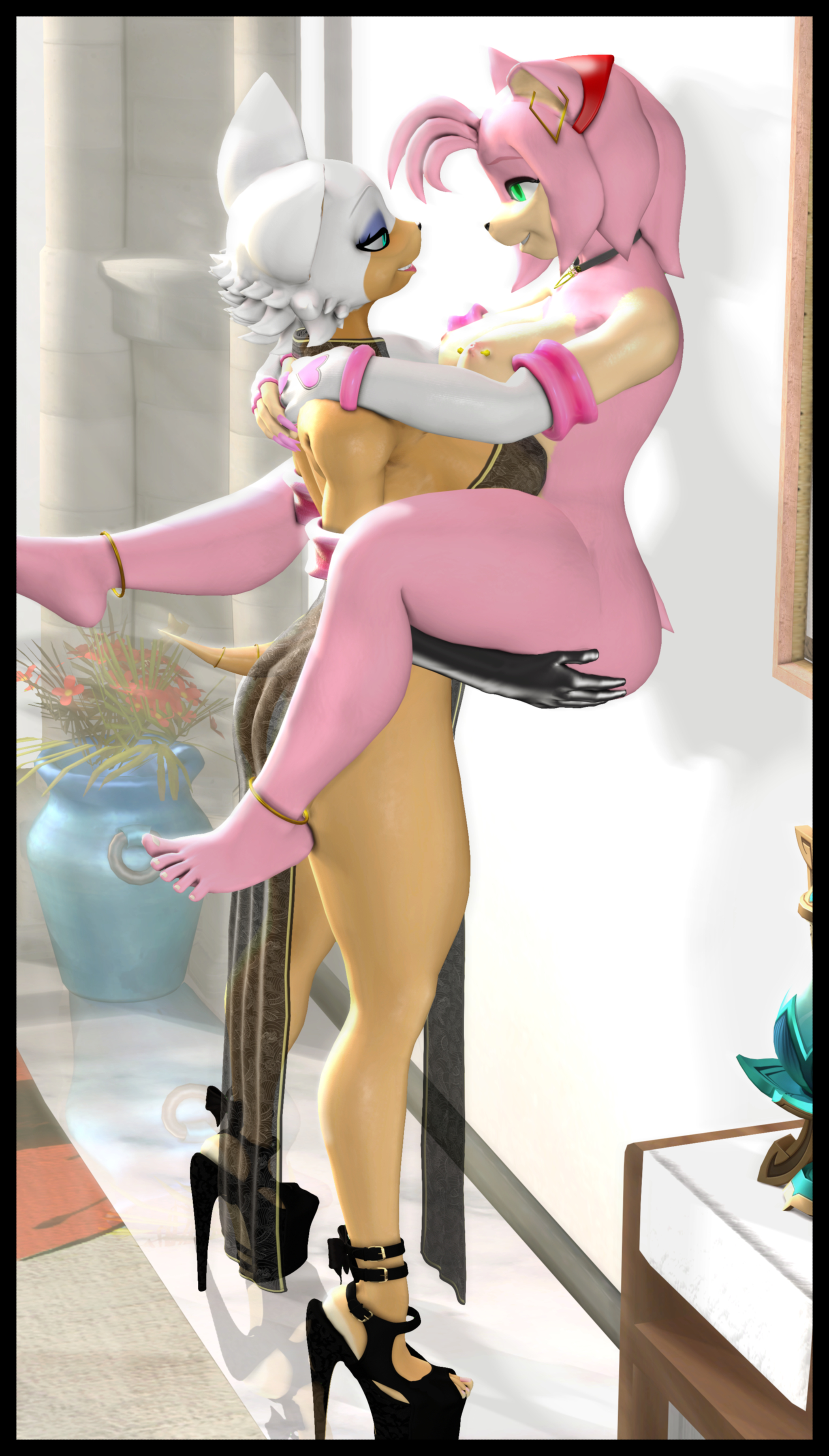 2girls, 3d, 3d model, absurd res, amy rose, amy rose (warfaremchine), anthro, bat, breasts, clothing, collar, digital media (artwork), dress, duo, ear piercing, ear ring, eulipotyphlan, female, female/female, gloves, handwear, hedgehog, hi res, legwear, lesbian, mammal, mepel, mobian, mobian (species), mobian bat, nails, piercing, ring piercing, rouge the bat, rouge the bat (warfaremchine), sega, sonic (series), sonic adventure 2, sonic the hedgehog (series), tights, warfare machine, warfaremachine, yuri