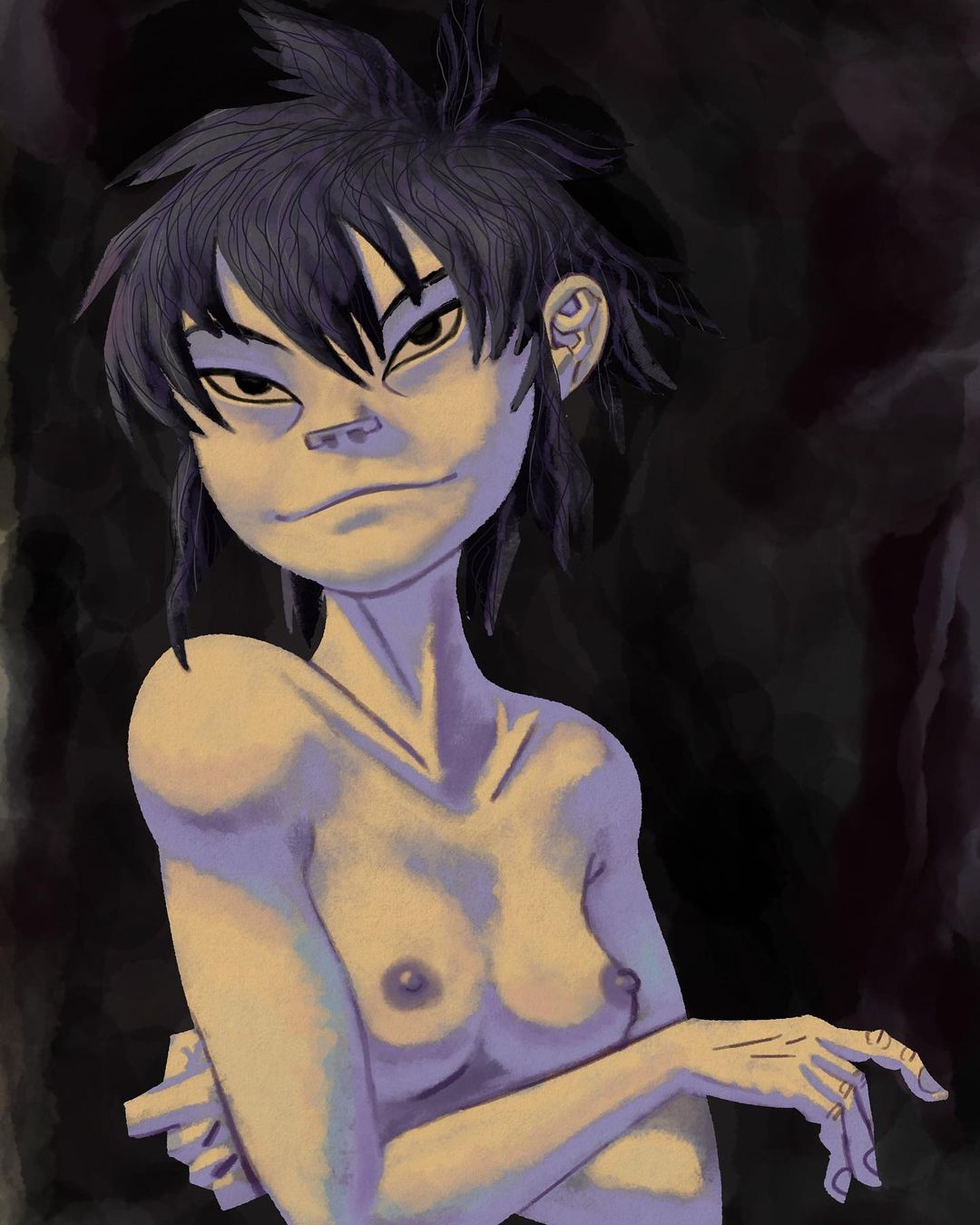 1girls areola areolae black_background black_eyes black_hair breasts female female_focus female_only glowrillaz gorillaz looking_at_viewer nipple noodle_(gorillaz) smile smile_at_viewer solo