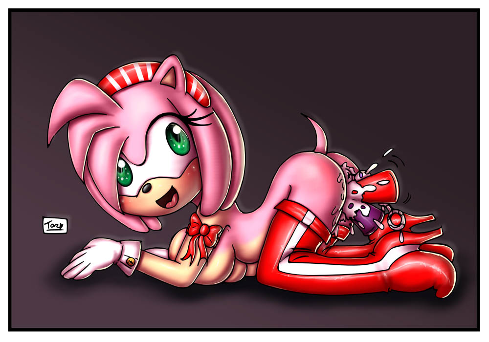 all_fours amy_rose anal_insertion ass blush boots breasts double_insertion footwear high_heels innocenttazlet naked_thighhighs pussy_juice sonic_(series) vaginal_insertion