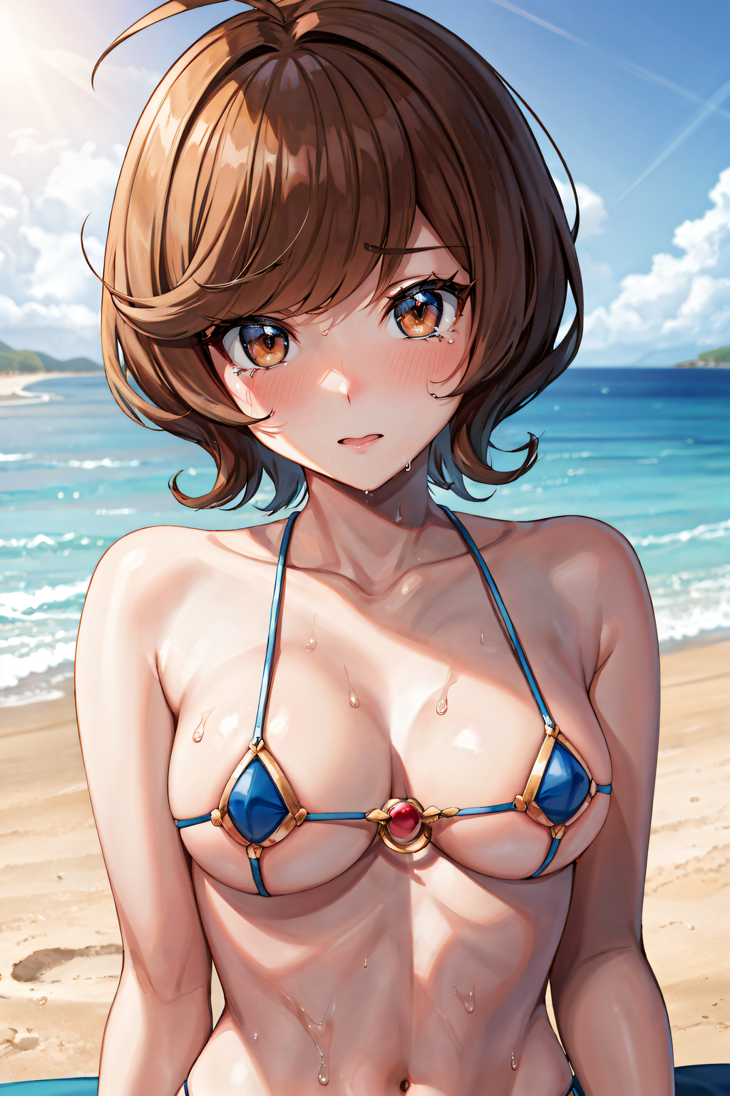 ai_generated beach_background bikini blue_angel blush breasts brown_eyes brown_hair female focus hi_res looking_at_viewer micro_bikini navel nervous sephiaton955 short_hair shy solo sweatdrop yu-gi-oh! yu-gi-oh!_vrains zaizen_aoi