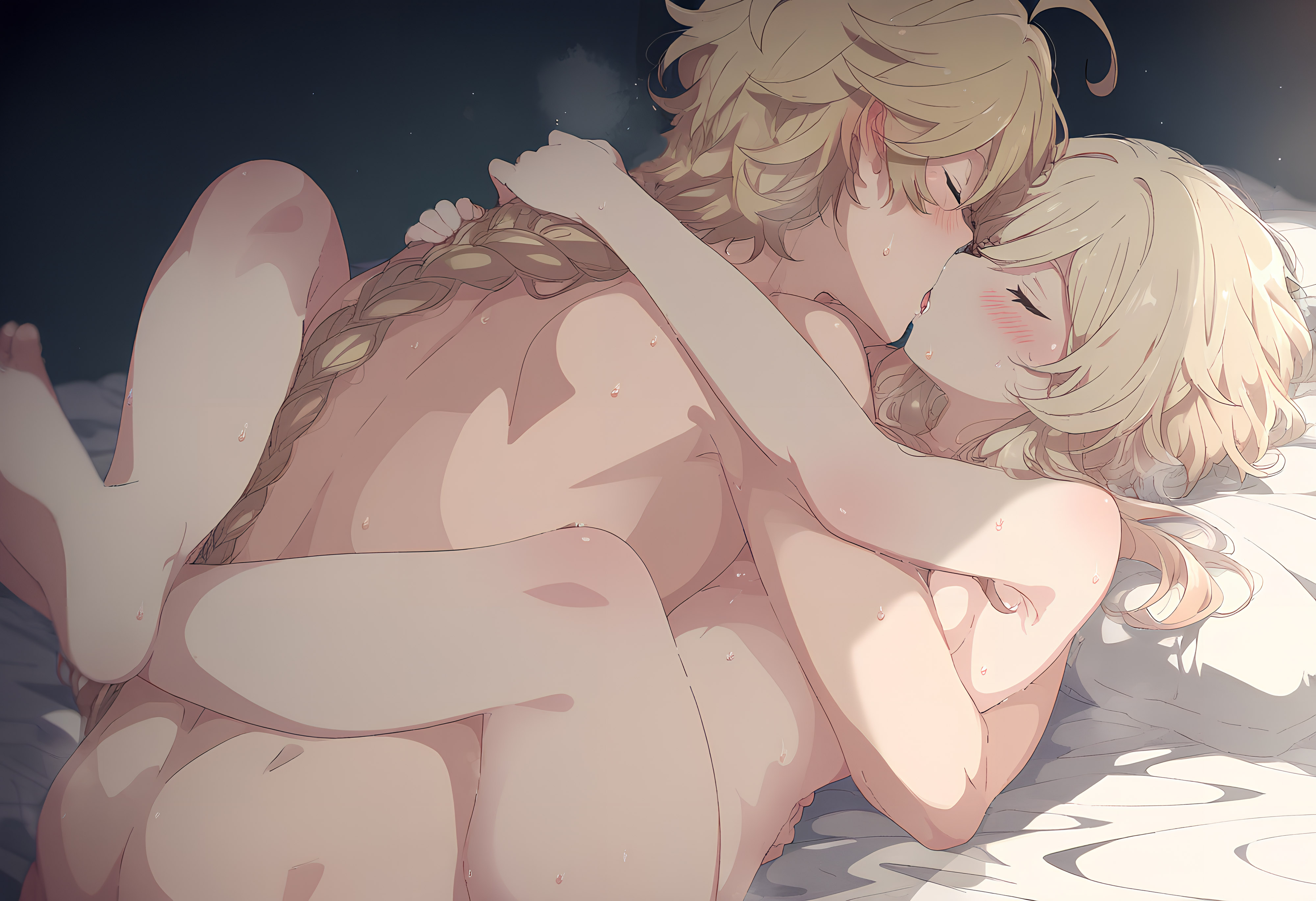 1boy, 1girls, aether (genshin impact), ai generated, blonde hair, brother and sister, female, genshin impact, lumine (genshin impact), male, mihoyo, naked, pleasure face, sex, straight, unknown artist