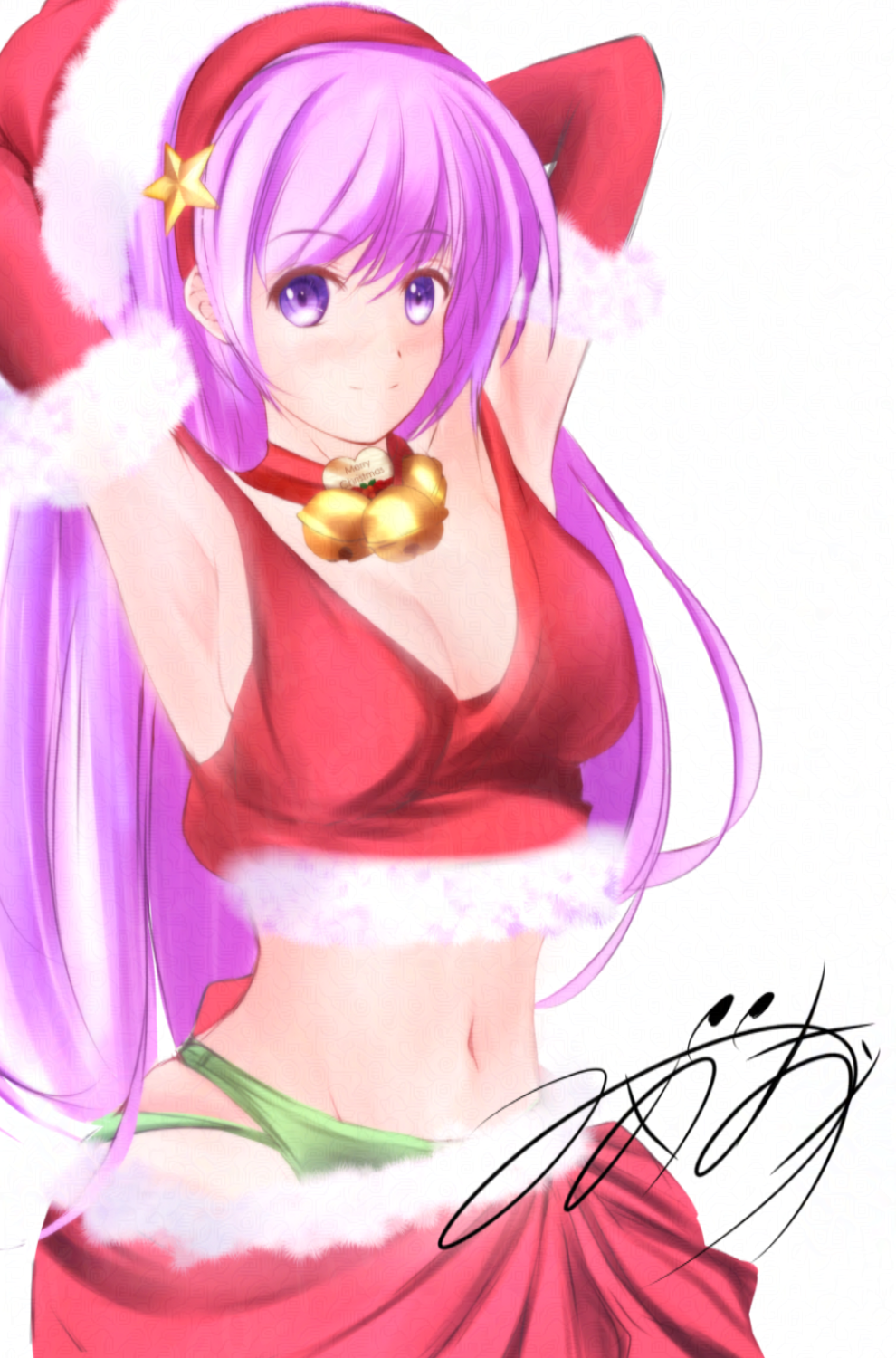 1girls armpits arms_behind_head athena_asamiya big_breasts breasts busty christmas cleavage clothes_pull female female_only gloves green_panties hat highres king_of_fighters large_breasts long_hair looking_at_viewer midriff navel panties purple_eyes purple_hair santa_costume santa_hat sexy_armpits skirt skirt_pull smile snk solo tank_top underwear voluptuous