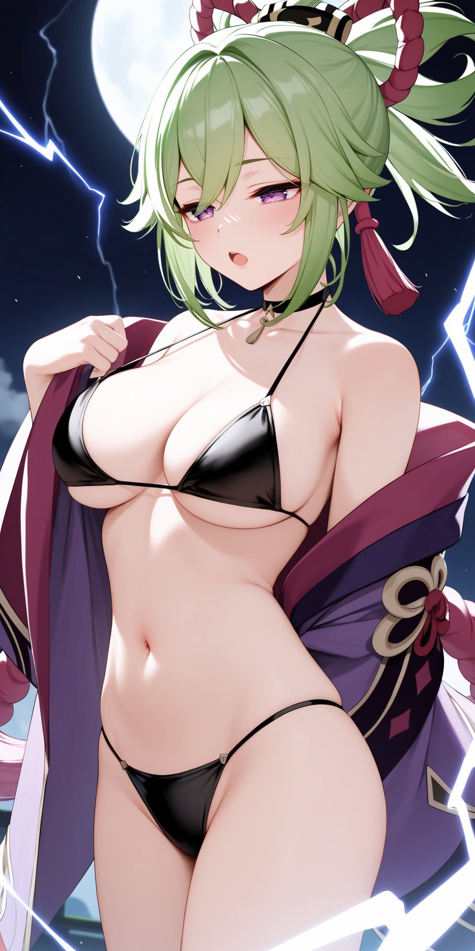 1girls 2024 ai ai_generated alternate_breast_size alternate_costume belly_button big_breasts bikini bikini_bottom bikini_top black_bikini black_bikini_bottom black_bikini_top bra cleavage covered_nipples dax_ai electricity female female_focus female_only genshin_impact green_eyes hourglass_figure hoyoverse kuki_shinobu light-skinned_female light_skin looking_down medium_hair mihoyo moon moonlight navel night night_background open_mouth purple_eyes revealing_clothes revealing_swimsuit sexy solo solo_female solo_focus standing thong thong_bikini two_piece_swimsuit undressing undressing_self voluptuous voluptuous_female young younger_female