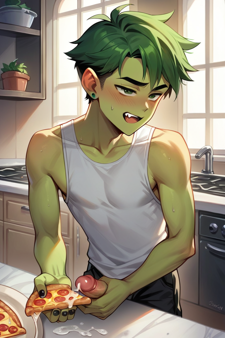 1boy, ai generated, beast boy, cum, cum on food, cumming, foreskin, gay, kitchen, male, male only, masturbation, penis, pizza, retracted foreskin, uncircumcised, yaoi