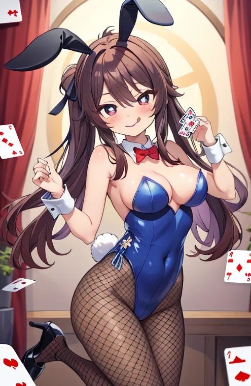 ai generated, alternate breast size, blue bunnysuit, blush, breasts, bunny ears, bunnysuit, female, fishnets, genshin impact, high heels, hu tao (genshin impact), nipples, tongue, tongue out