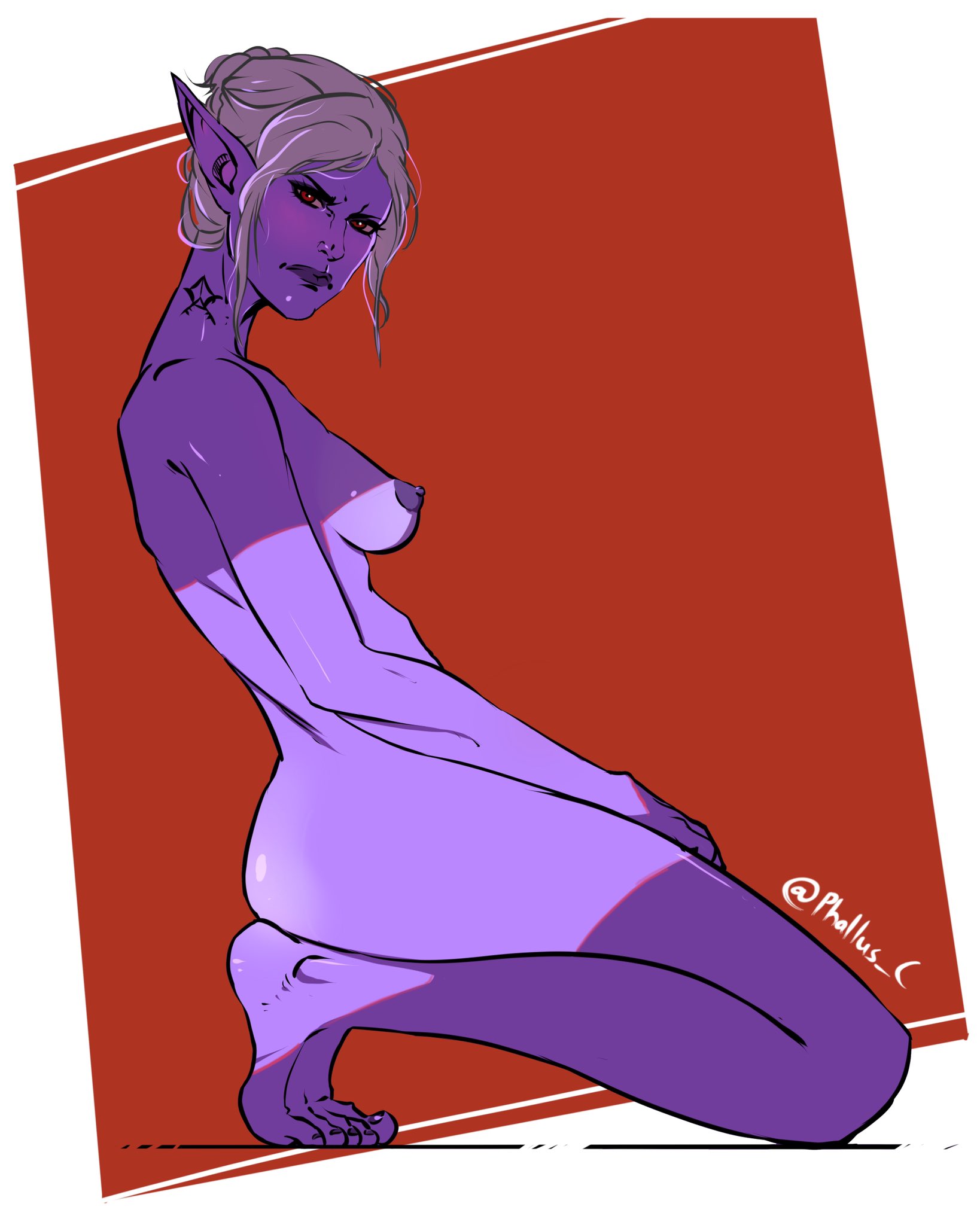 alternate version available, areolae, ass, baldur's gate, baldur's gate 3, blush, breasts, colored, dark elf, dark skin, dark-skinned female, drow, dungeons and dragons, elf, elf ears, elf female, female, fit, fit female, forgotten realms, frown, glaring, hair, hair bun, highres, looking at viewer, medium breasts, minthara, neck tattoo, nipples, nude, nude female, on knees, phallus-c, pointy ears, purple skin, red eyes, side view, sketch page, solo, solo female, toes, white hair