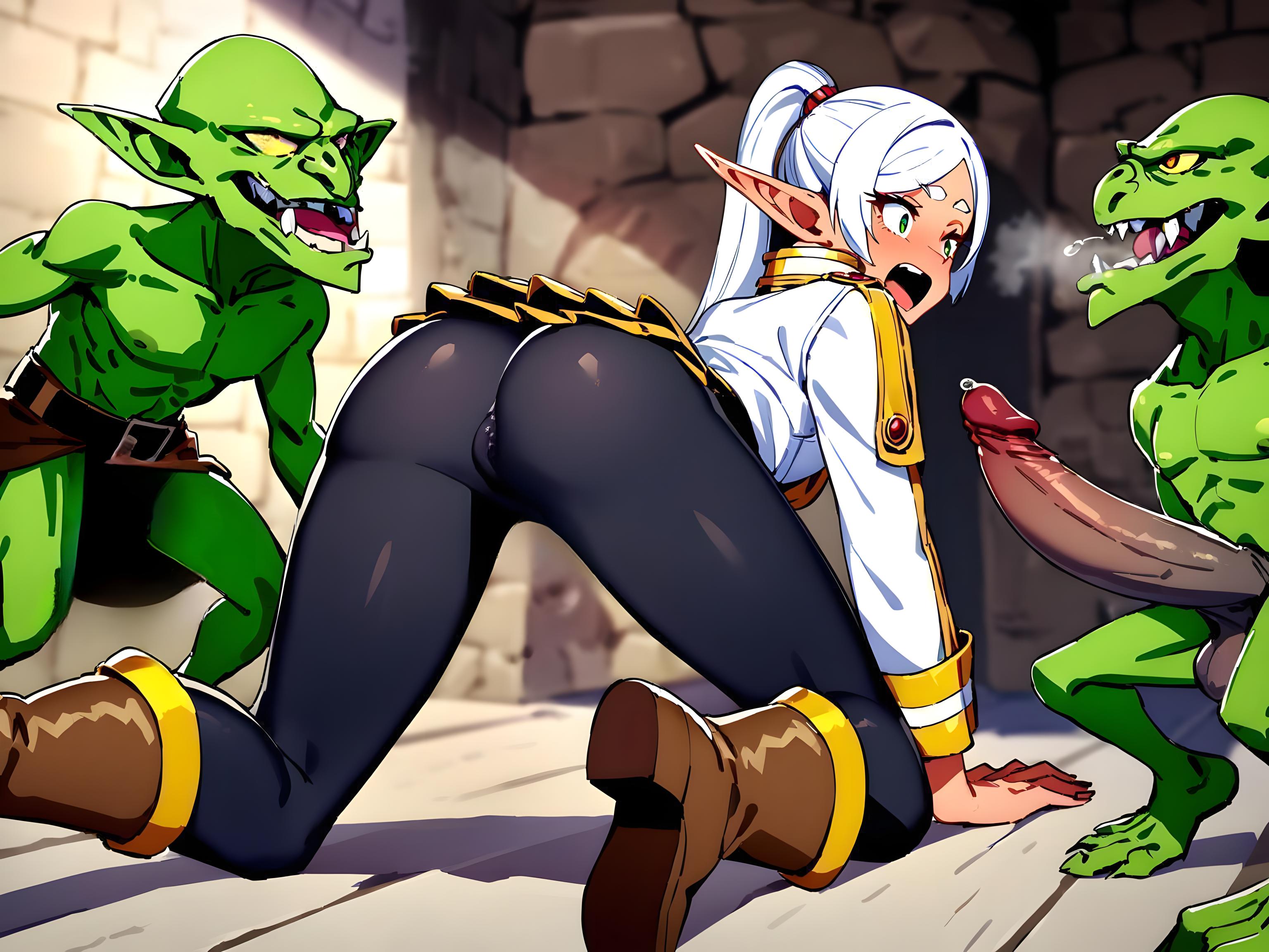 1girls, 2boys, ai generated, all fours, ass, big penis, black legwear, blush, boots, clothed, clothed female, clothed female nude male, clothing, cock hungry, completely naked, completely nude, dungeon, elf, elf ears, elf female, erect penis, erection, eyebrows, eyelashes, female, frieren, from behind, from behind position, genitals, goblin, goblin male, green eyes, green skin, huge cock, imminent rape, imminent sex, indoors, large penis, legwear, light skin, light-skinned female, long penis, male, monster, nude, nude male, open mouth, penis, pointy ears, precum, ready to pop, shocked, shocked expression, smaller male, sousou no frieren, teeth, white hair, yellow eyes
