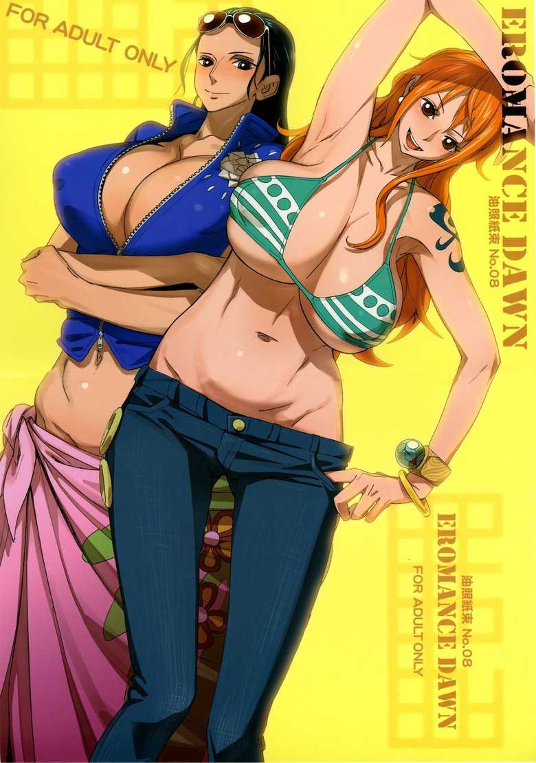 2girls armpits bikini_bra black_eyes blush bobobo bracelet breasts brown_eyes busty cleavage earrings erect_nipples female female_only full_body glasses green_hair huge_breasts jeans large_breasts long_hair looking_at_viewer multiple_girls nami nami_(one_piece) nico_robin no_bra no_panties no_underwear one_piece open_clothes open_mouth orange_hair pants post-timeskip shiny_skin smile stomach tattoo voluptuous yellow_background