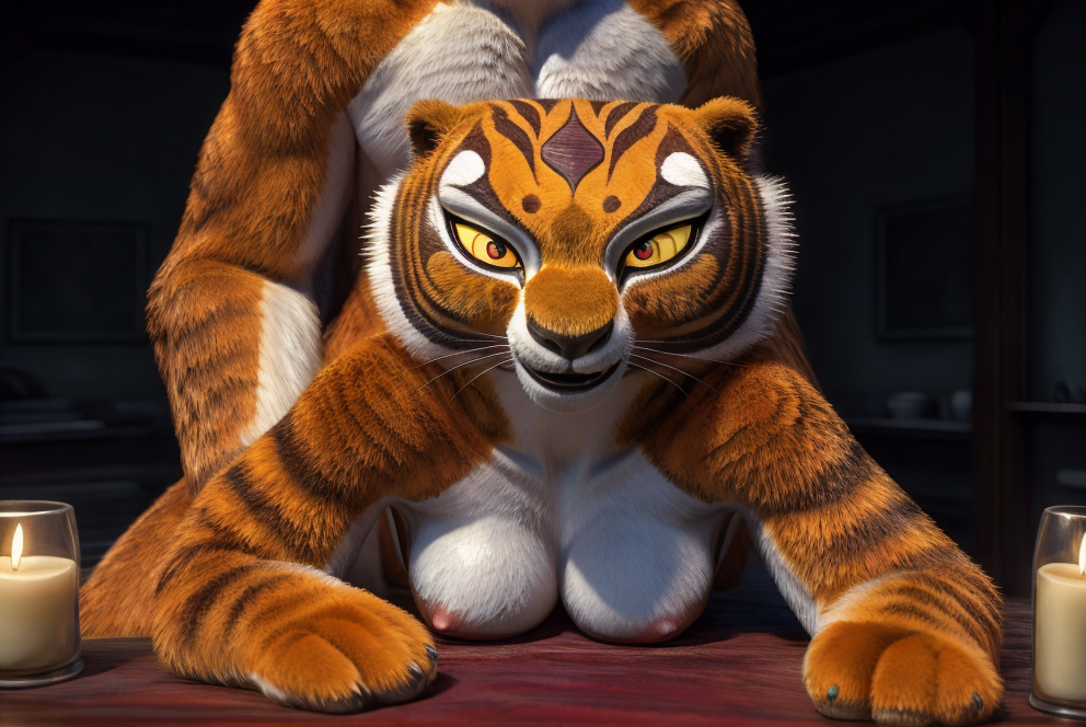 ai_generated animal animal_ears body_fur breasts candle candlestand colored_sclera feline female from_behind furry furry_female large_breasts lying nipples no_humans on_stomach orange_fur red_eyes smile tail tiger tiger_stripes tigress upper_body yellow_eyes