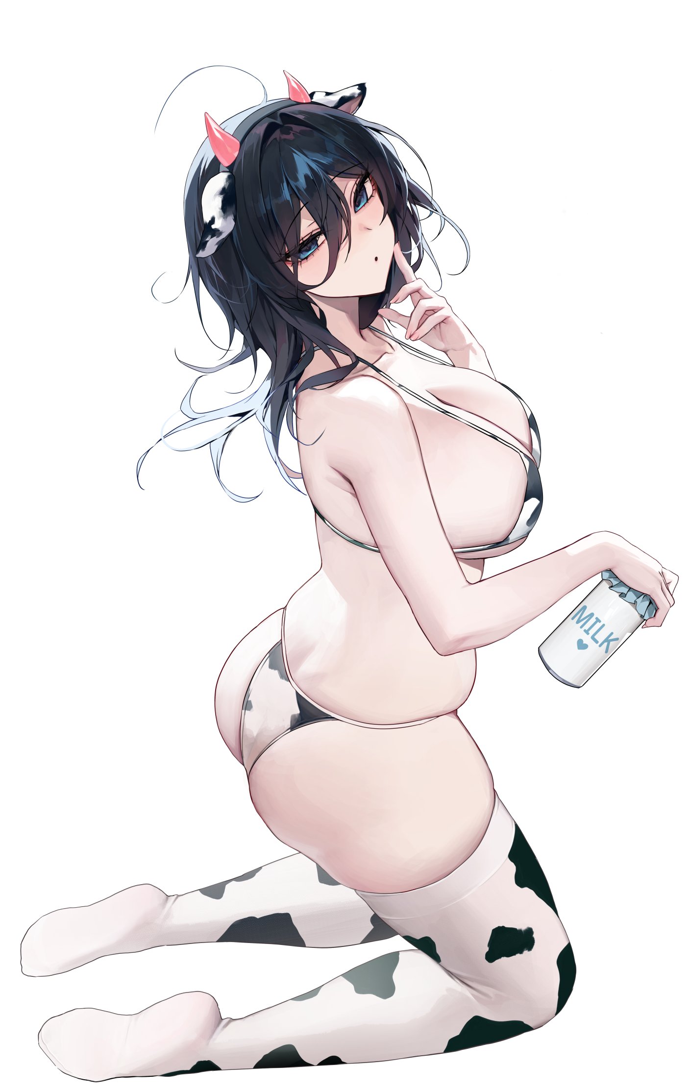 03 bara, ass, bikini, breasts, cow girl, cow print, cow print bikini, cow print thighhighs, english text, female, heart, huge breasts, ishimi yokoyama, kneeling, kneesocks, large ass, large breasts, milk, milk bottle, original, original character, short hair, side view, soles of feet in socks, text, thick thighs, wide hips