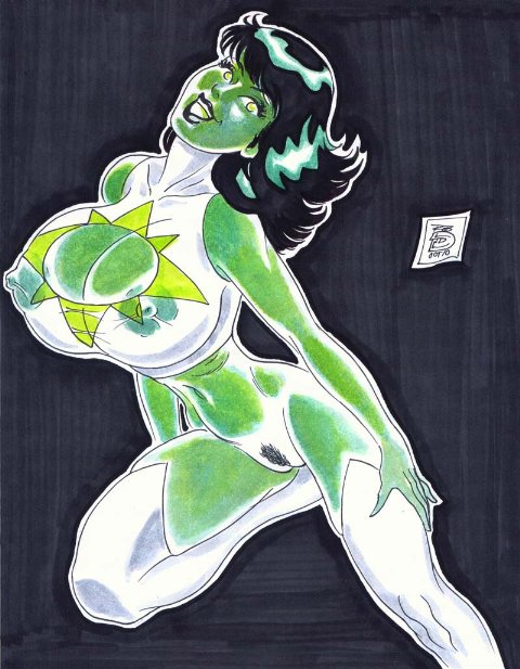 2d breasts dc dc_comics female female_only green-skinned_female green_eyes green_hair green_skin huge_breasts jade_(dc) jennifer-lynn_hayden nipples pubic_hair rob_durham solo tagme uncensored