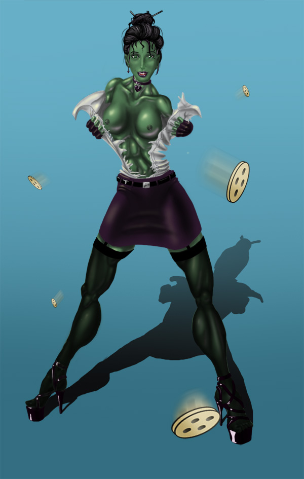 1girls abs artist_request avengers big_breasts black_hair breasts female female_only green_skin hair_bun high_heels hulk_(series) marvel marvel_comics miniskirt nipples office_clothing ripping_clothes she-hulk solo stockings tagme_(artist) unknown_artist