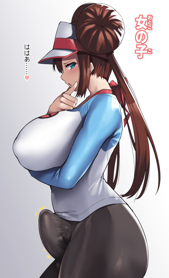 1futa big_breasts breasts brown_hair bulge clothed clothing erection erection_under_clothes fully_clothed futa_only futanari huge_breasts human japanese_text light-skinned_futanari light_skin long_hair nagase_haruhito penis_under_clothes pokemon pokemon_bw rosa_(pokemon) solo standing tenting text translated