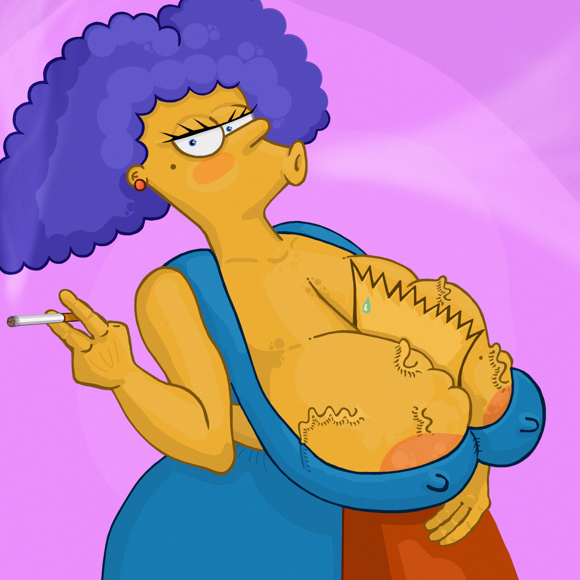 1boy, 1girls, 20th century fox, 20th century studios, areola, aunt, aunt and nephew, bart simpson, bbw, breast smother, breast suppress, breasts, busty, chubby, cigarette, curvy, female, heavy breasts, huge breasts, large breasts, male, mature, milf, purple hair, selma bouvier, smoke, smoking, the simpsons, veins, veiny breasts, voluptuous, voluptuous female, yellow skin