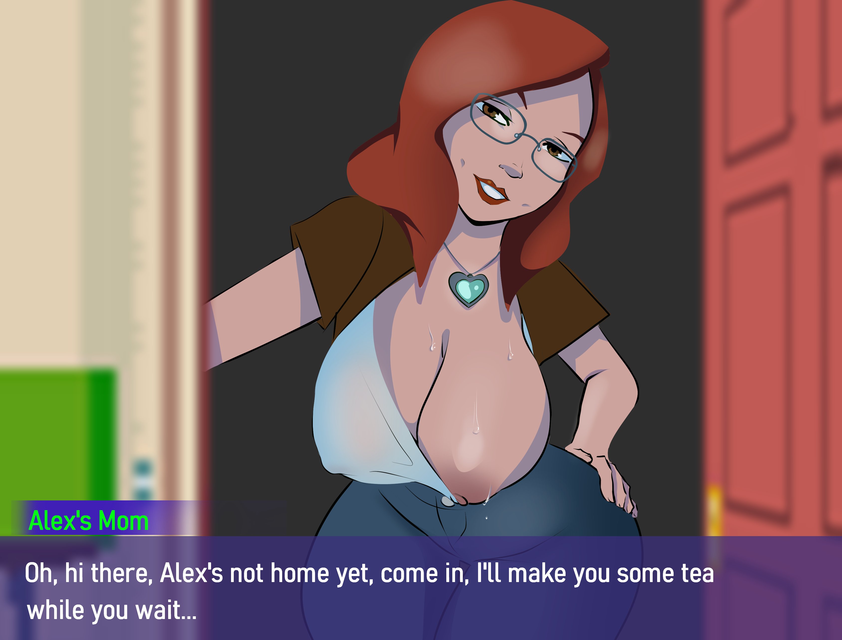 1girls, 2d, 2d (artwork), areolae, avril eggleston, big breasts, breast out, breasts, dialogue, female, glasses, heart necklace, inviting, lipstick, looking at viewer, milf, necklace, nipples, nipples visible through clothing, open door, pov, red hair, red lipstick, red-haired female, smiling at viewer, sweat, talking to viewer, text, thesquiddycipher, yiik: a postmodern rpg