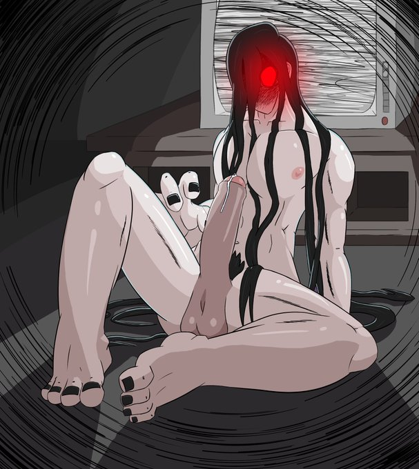 big_penis black_hair black_nails compromising_position compromising_situation dark_penis genderswap_(ftm) girthy_penis muscular_male nude_male pale_skin red_eyes rule_63 shiny_skin solo_male wet_hair yamamura_sadako