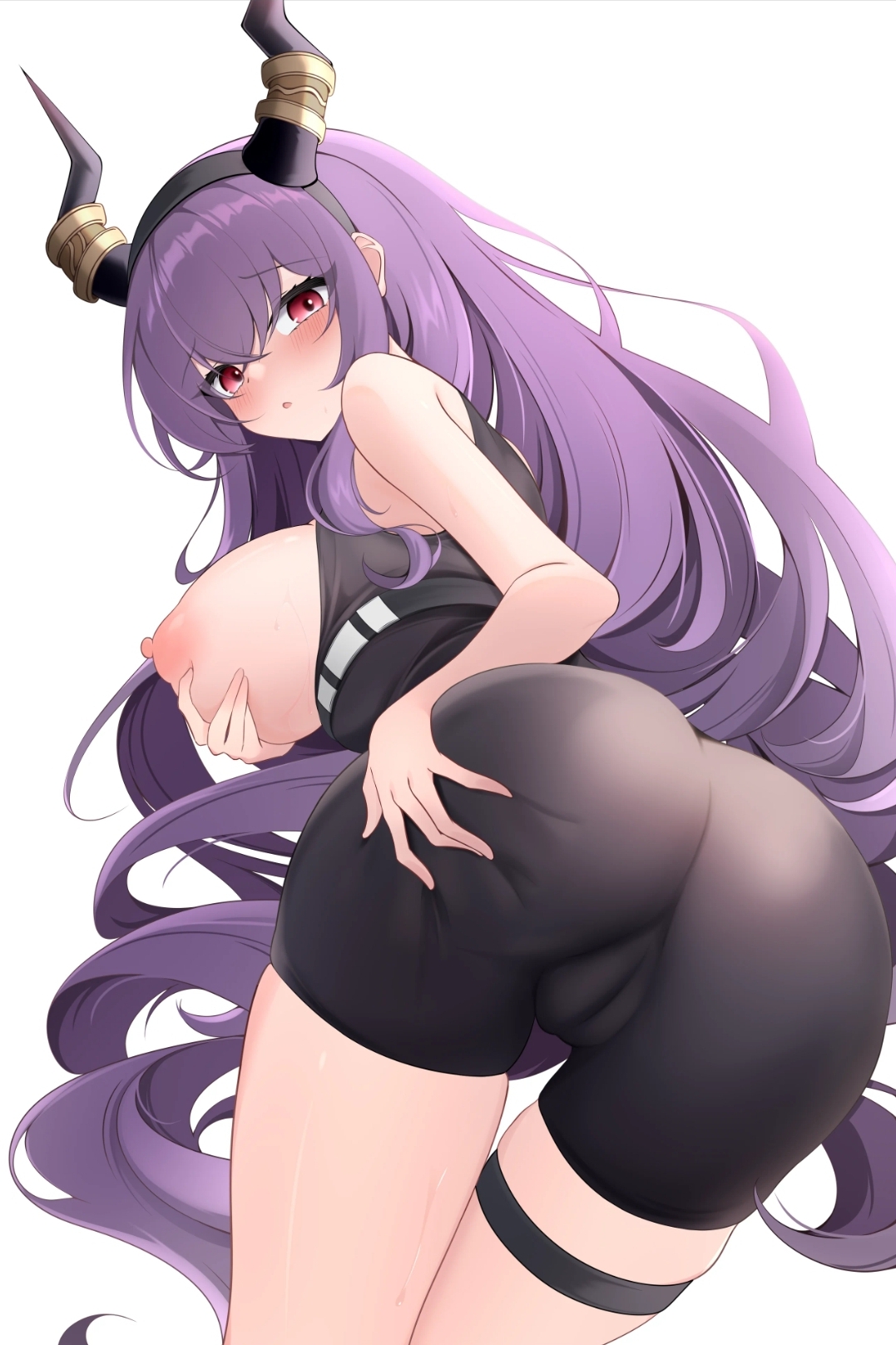 1girls, arknights, artist request, ass, ass focus, big ass, big breasts, breasts, breasts out, female, female only, grabbing own ass, horns, huge breasts, light-skinned female, nipples, purple hair, pussy, pussy visible through clothes, red eyes, solo, typhon (arknights)