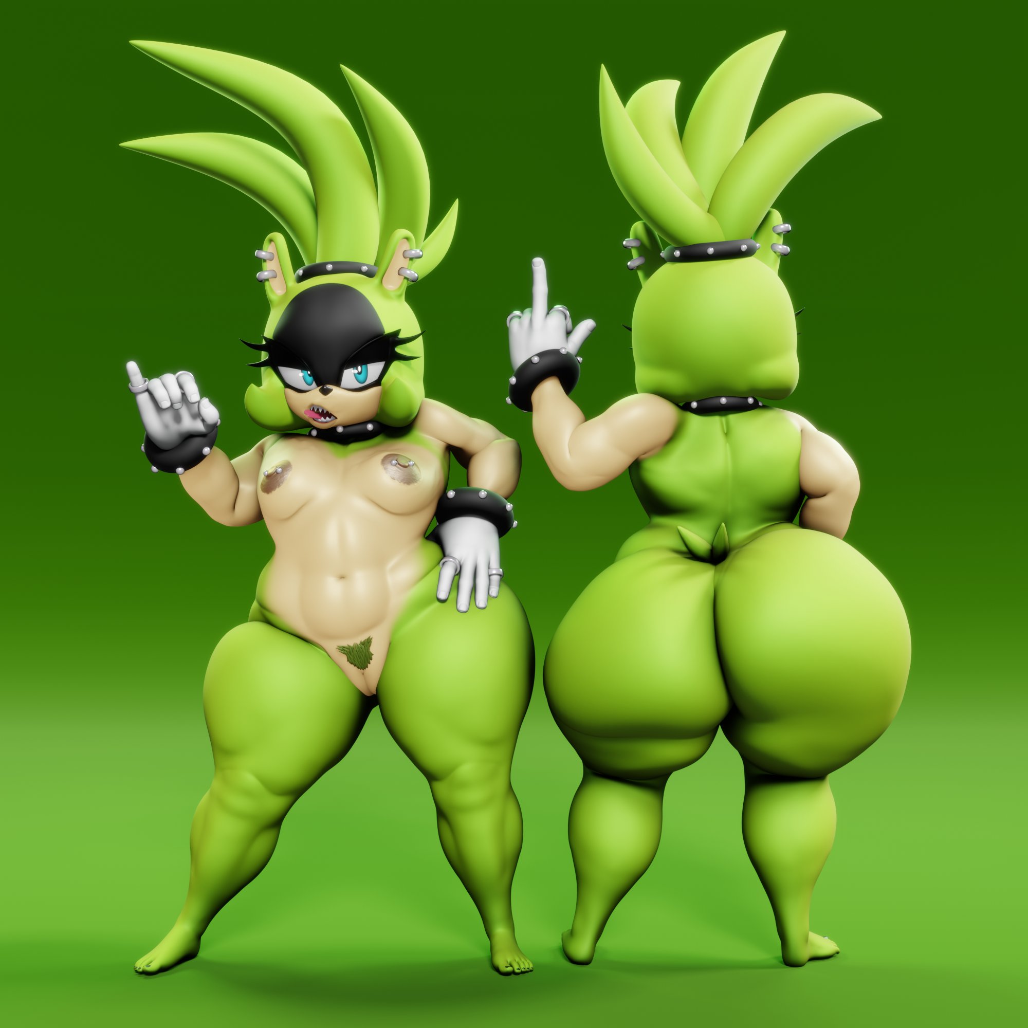 1girls, 3d, 3d (artwork), 3d model, areolae, armband, ass, barefoot, blowjob gesture, blue eyes, breasts, choker, dark areola, dark nipples, ear piercing, female, female only, flipping off, green background, green body, green fur, hand on hip, idw comics, idw publishing, large areolae, large ass, long hair, mobian, mobian (species), mobian tenrec, naked, naked female, navel, nipple piercing, nipples, non-human, piercing, piercings, pubic hair, pussy, rings, sega, sharp teeth, shortstack, small breasts, sonic (series), sonic the hedgehog (comics), sonic the hedgehog (idw), sonic the hedgehog (series), studded bracelet, studded collar, surge the tenrec, tail, tenrec, thick thighs, tied hair, vagina, vulkyasha, wide hips