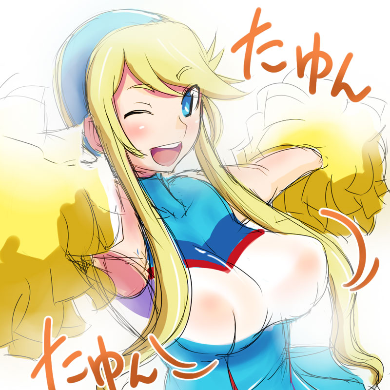 1girls ;d blue_eyes breasts cheerleader female hairband heroman kanbe lina_davis open_mouth pom_poms sketch smile solo text tied_hair translation_request twintails wink