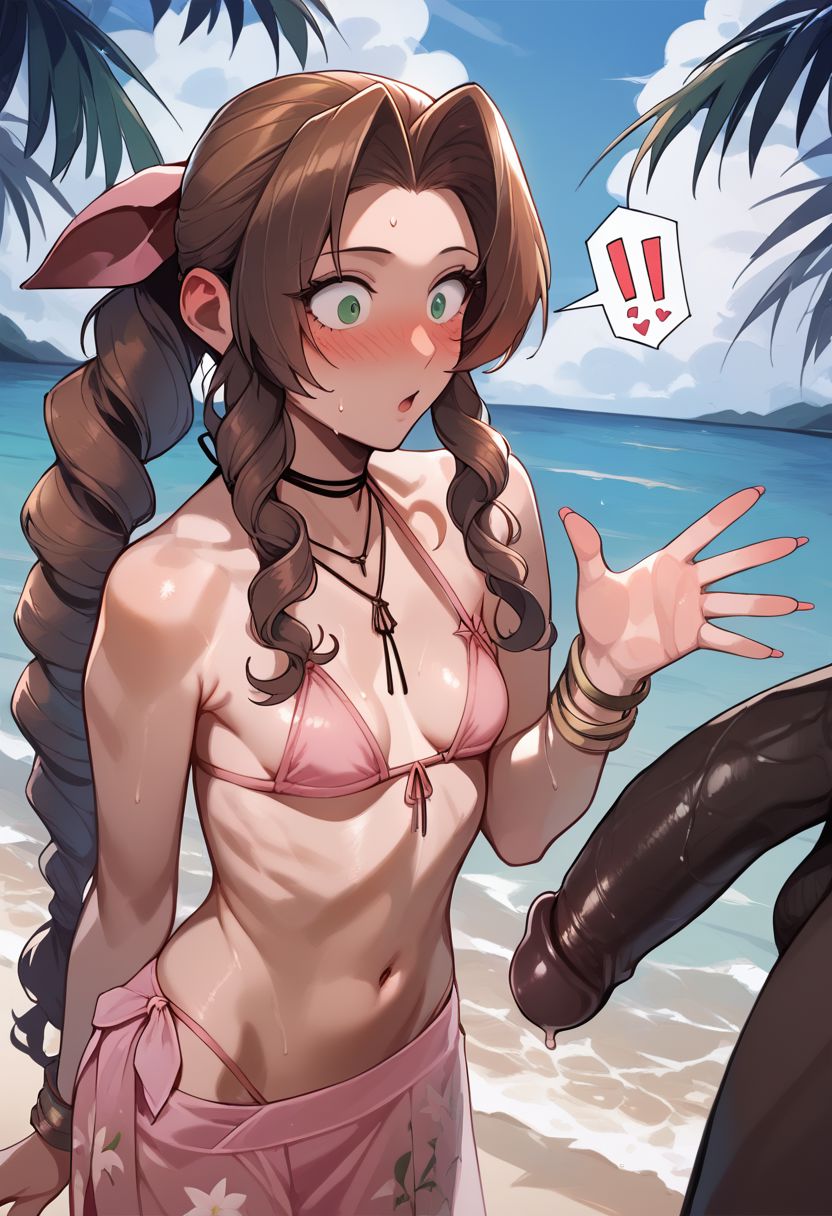 1boy, 1girls, aerith gainsborough, ai generated, beach, big penis, bikini, blush, blushing profusely, bracelets, breasts, brown hair, cock shock, dark skin, dark-skinned male, exposed penis, female, final fantasy, final fantasy vii, floral print, green eyes, hair ornament, hair ribbon, hand up, imminent oral, interracial, lace, long hair, male, navel, necklace, open mouth, outside, penis, penis awe, pink bikini, pink nails, ponytail, ribbon, shocked expression, sky, small breasts, summer, surprised, surprised expression, swimwear, tagme, wide eyed