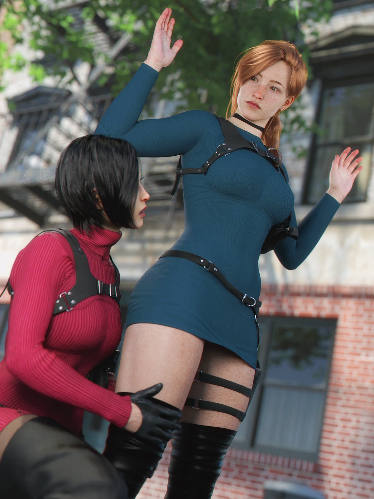 2girls 3d ada_wong ada_wong_(cosplay) ass big_ass big_breasts breasts bust busty capcom chest curvaceous curvy curvy_figure female female_focus ginger ginger_hair hips hourglass_figure huge_ass huge_breasts human large_ass large_breasts legs light-skinned_female light_skin mature mature_female morgan_tylle_(word2) red_hair resident_evil resident_evil_4 slim_waist thick thick_hips thick_legs thick_thighs thighs voluptuous waist wide_hips word2 yuri