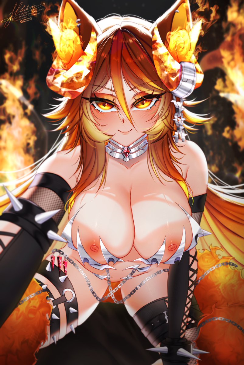 1girls, animal ears, areola, breasts, brown hair, dog ears, eyebrows visible through hair, eyeshadow, female, female only, hellhound, hibahria, horns, indie virtual youtuber, large breasts, light skin, light-skinned female, long hair, makeup, nipples, pseudo fur trim, sinder (vtuber), sinder (vtuber) (2nd costume), solo, virtual youtuber, wolf, wolf ears, wolf girl, wolf tail