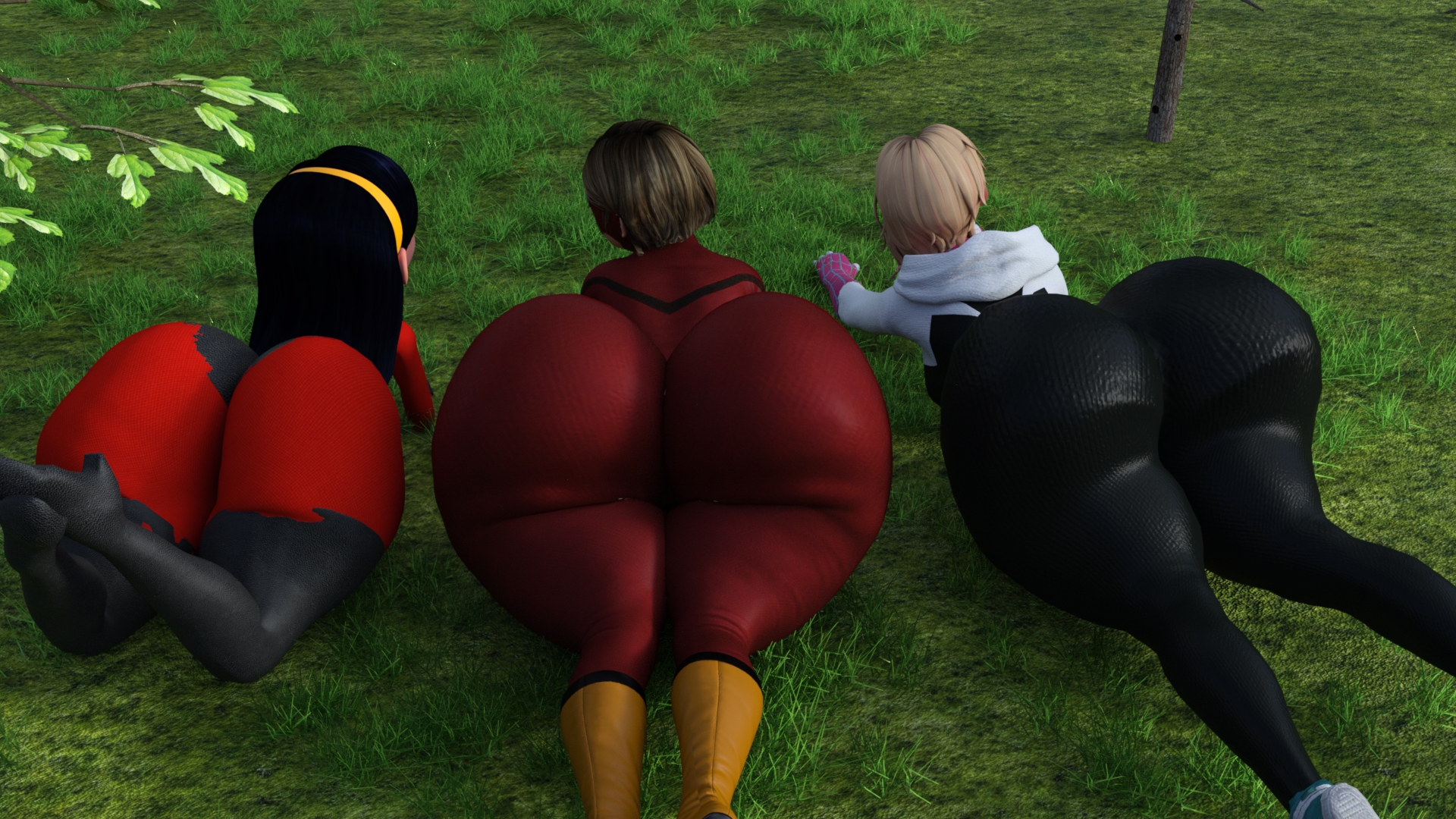 3d, 3girls, aged up, ass, big ass, big thighs, breasts, brown eyes, brown hair, chest, costume, crossover, curvaceous, curvy, curvy figure, digital media (artwork), disney, enormous ass, fat ass, female, female only, gigantic ass, gwen stacy, hero, heroine, hips, hourglass figure, huge ass, huge thighs, human, hyper ass, large ass, large thighs, legs, light skin, light-skinned female, marvel, marvel comics, massive ass, mature, mature female, multiple females, multiple girls, pixar, slim waist, snakeish, spider-gwen, spider-man (series), the incredibles, thick, thick hips, thick legs, thick thighs, thighs, violet parr, viperarcane, voluptuous, waist, wide hips, wide thighs