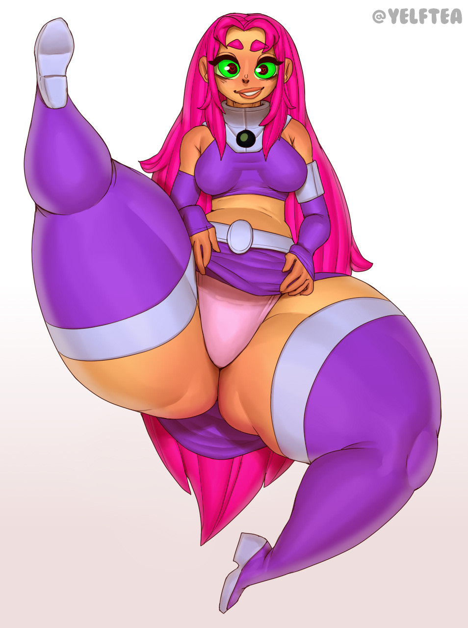 ass, bottom heavy, breasts, dc, dc comics, female, green eyes, heart eyes, heart-shaped pupils, huge ass, huge thighs, lifting skirt, medium breasts, panties, pink hair, purple clothing, revealing, shoulders, starfire, stomach, teen titans, yelftea