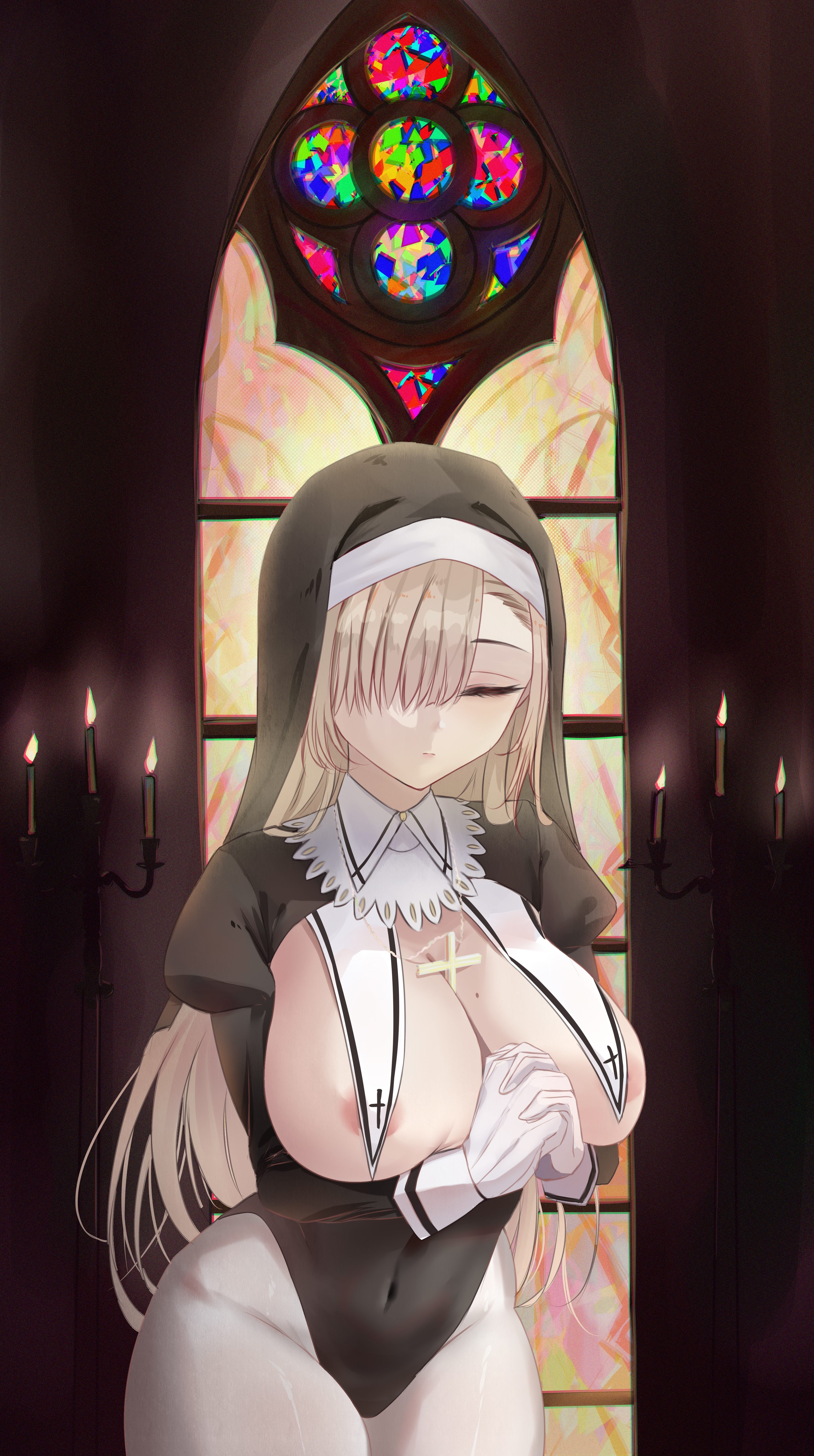 absurdres, areola slip, areolae, asuna (blue archive), bangs, between breasts, black leotard, blue archive, breast curtains, breasts, clasped hands, closed eyes, cowboy shot, cross, cross necklace, female, gloves, habit, hair over one eye, highleg, highleg leotard, highres, huge breasts, jewelry, juliet sleeves, leotard, light brown hair, long hair, long sleeves, mole, mole on breast, necklace, noyuki (3702), nun, pantyhose, puffy sleeves, revealing clothes, shrug (clothing), skindentation, solo, standing, swept bangs, very long hair, white gloves, white legwear