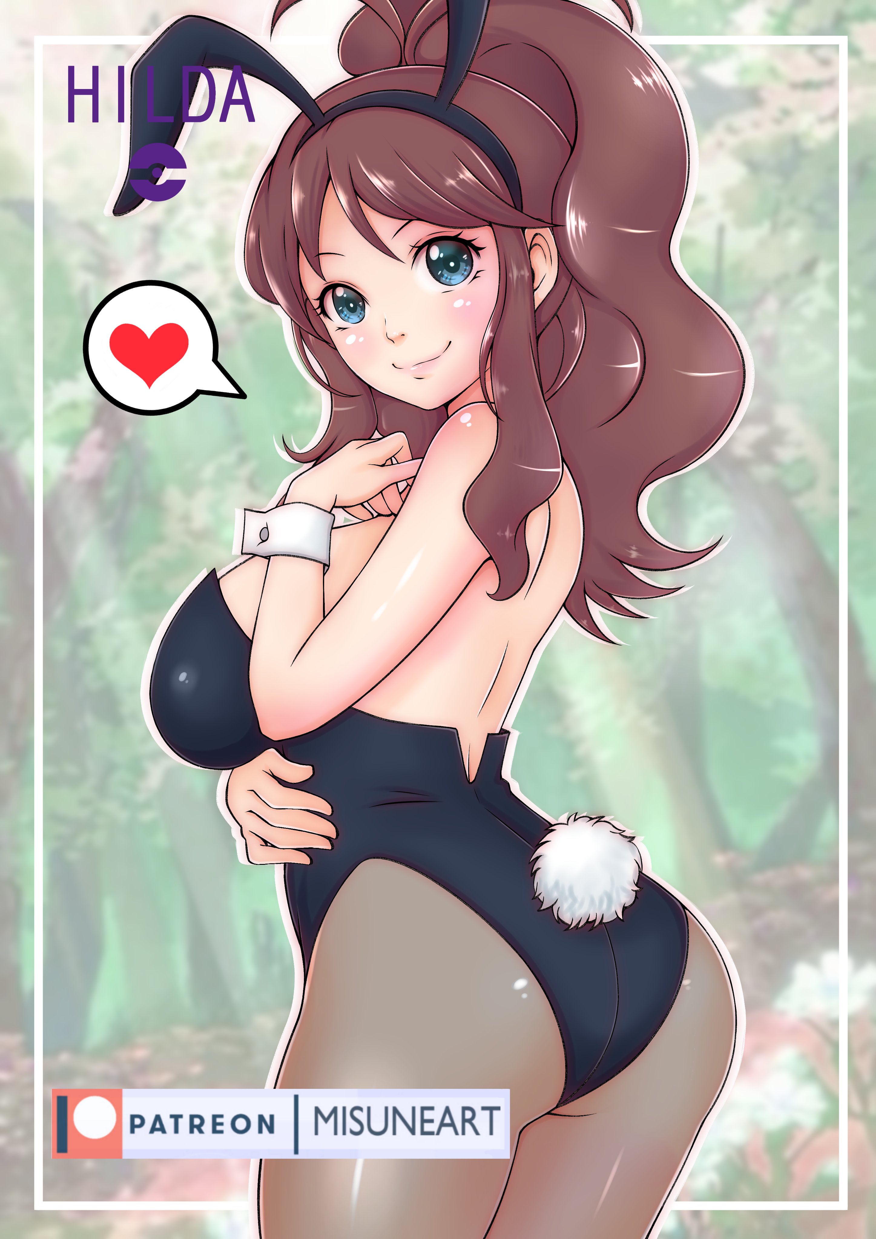 1girls, absurd res, alternate breast size, animal ears, ass, blue eyes, breasts, brown hair, bunny ears, bunny tail, bunnysuit, female, female only, hi res, hilda (pokemon), large breasts, looking at viewer, misune art, nintendo, panties, pantyhose, pokemon, pokemon bw, solo, thighs